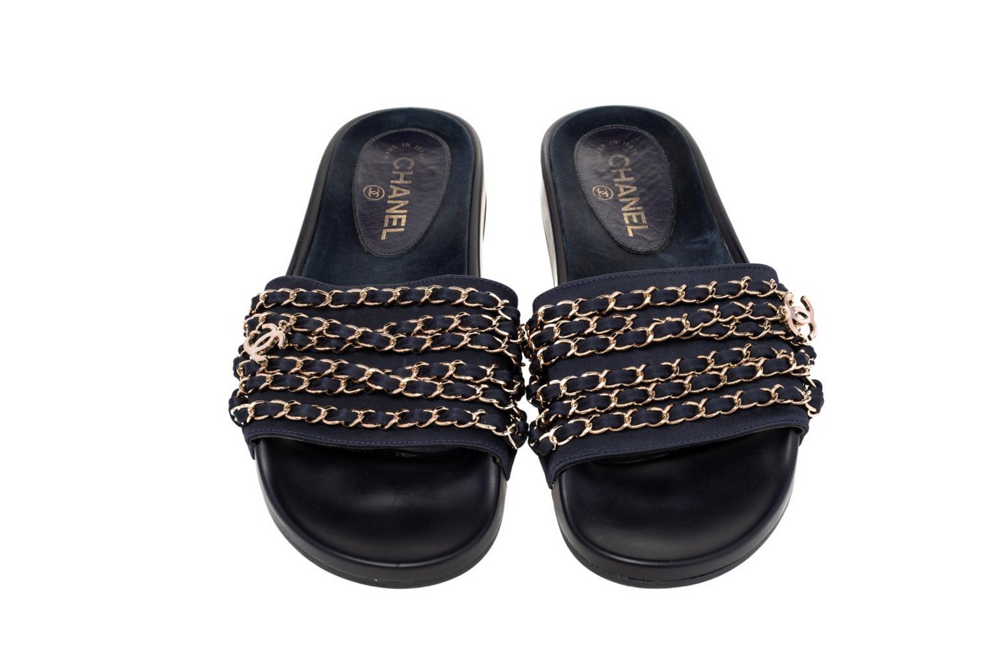Chanel Tropiconic Iconic Gold Logo Chain Pool Slides for Women
