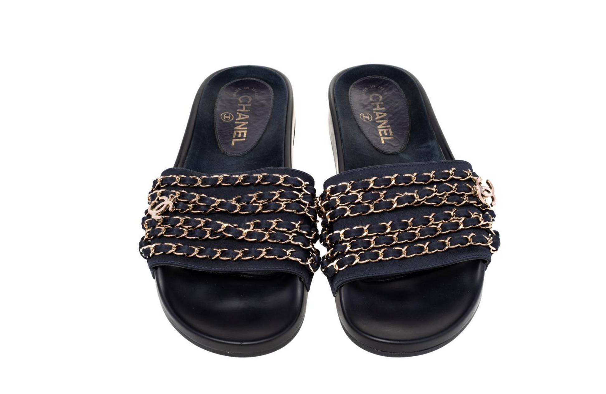 Chanel Tropiconic Iconic Gold Logo Chain Pool Slides for Women