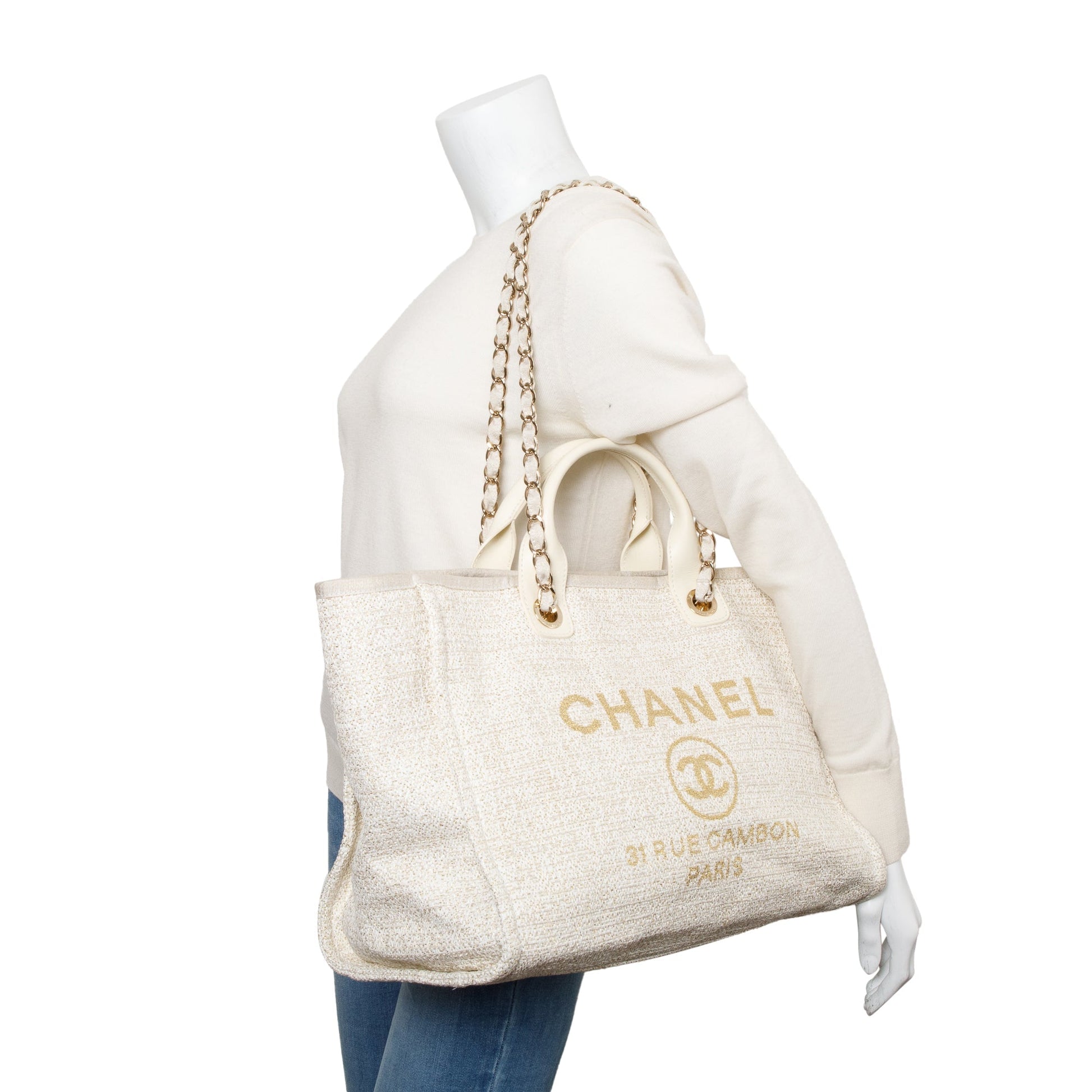 Chanel Neutral Trim Deauville Shopping Canvas Leather Calfskin Travel Bag