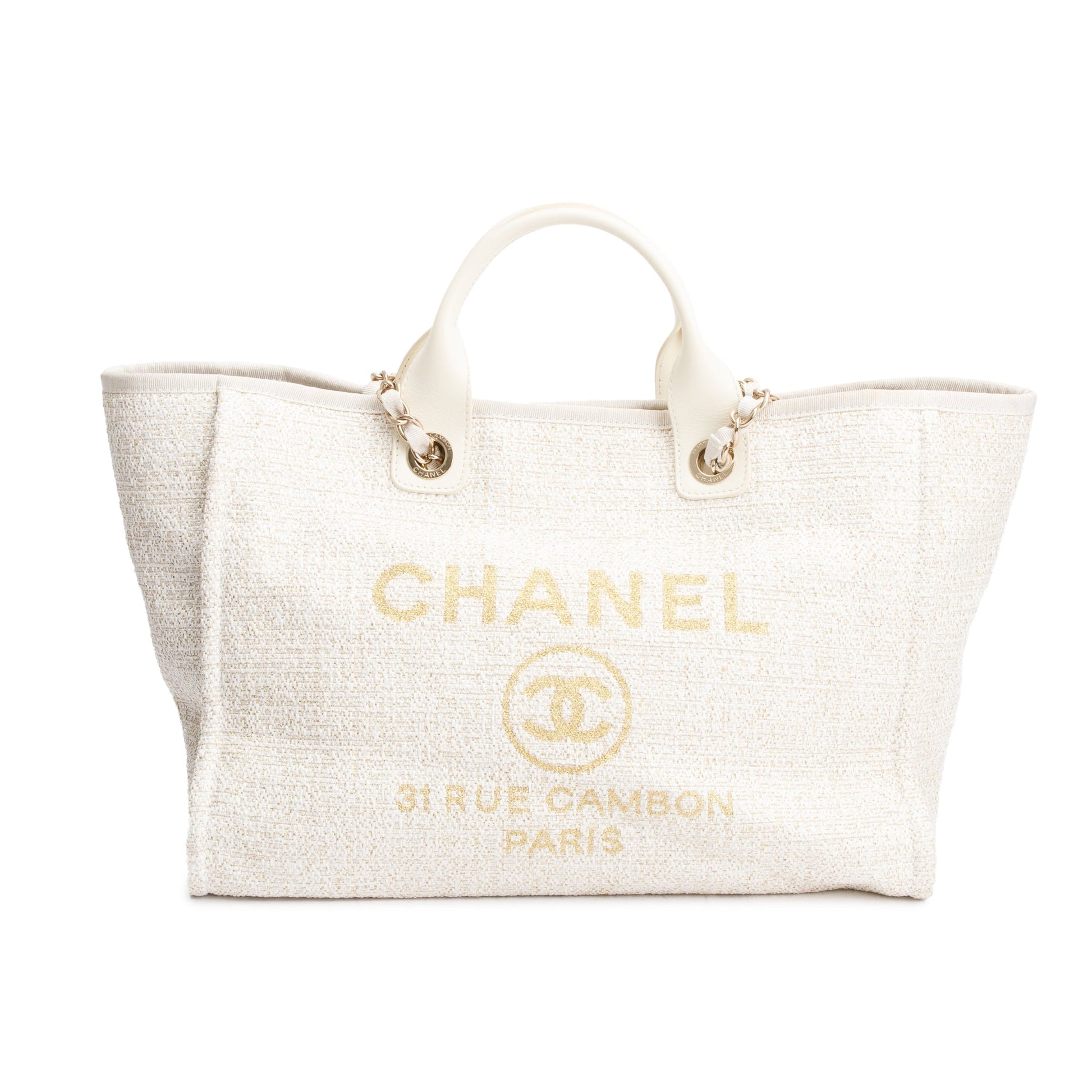 Chanel Neutral Trim Deauville Shopping Canvas Leather Calfskin Travel Bag
