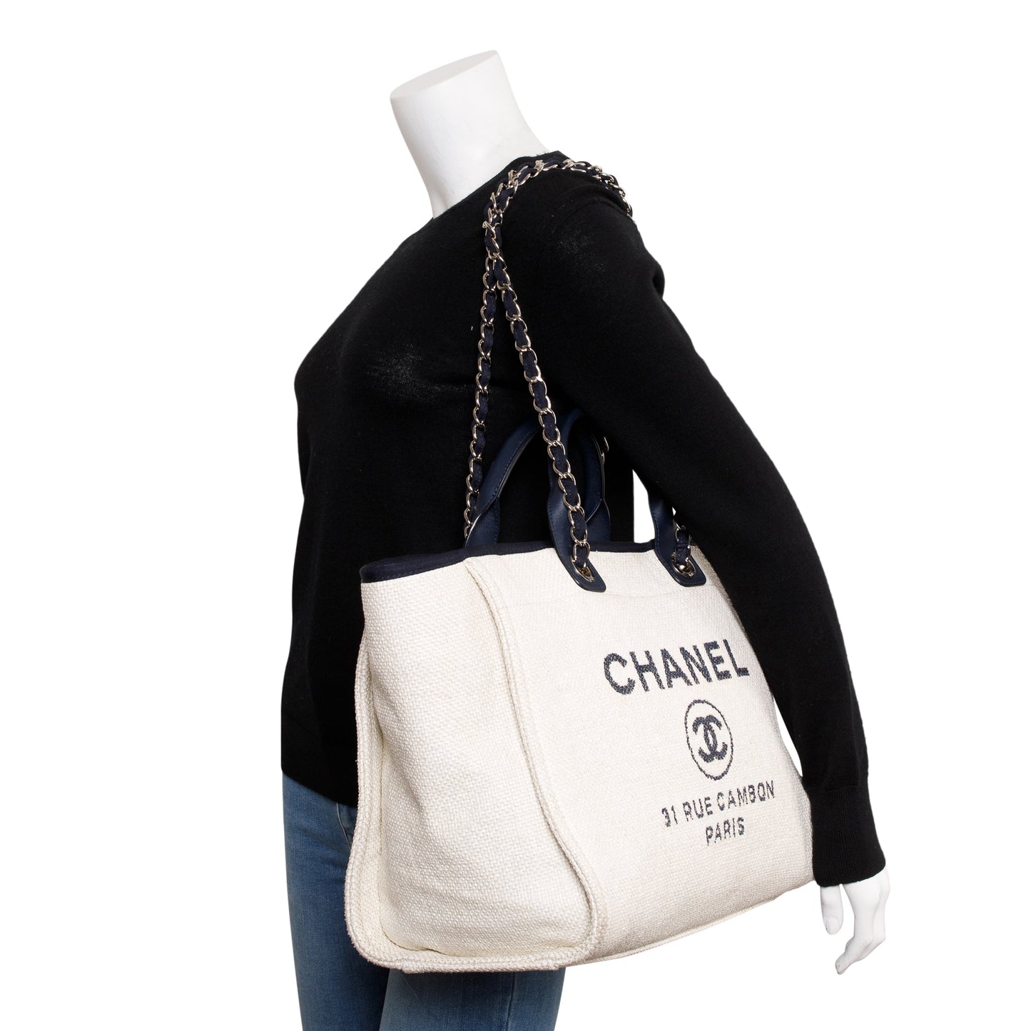 Chanel Neutral Navy Deauville Canvas Calfskin Travel Bag