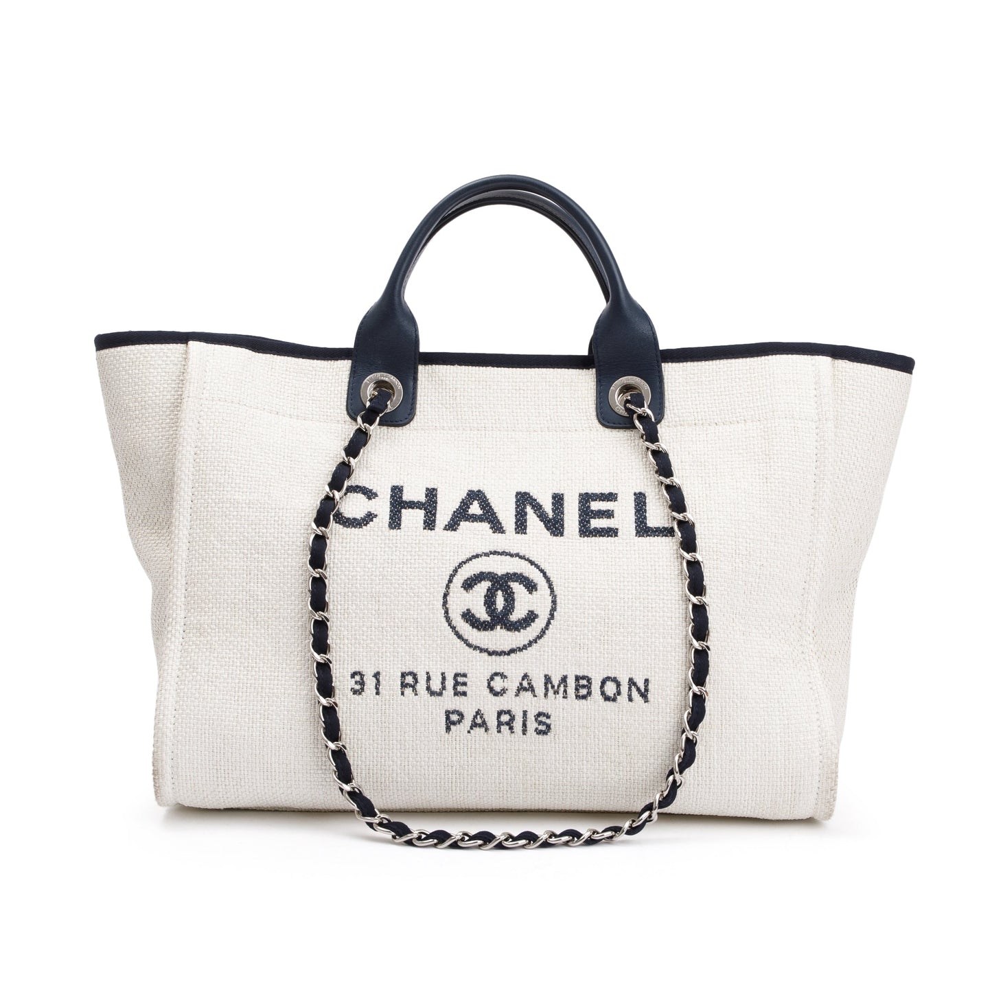 Chanel Neutral Navy Deauville Canvas Calfskin Travel Bag