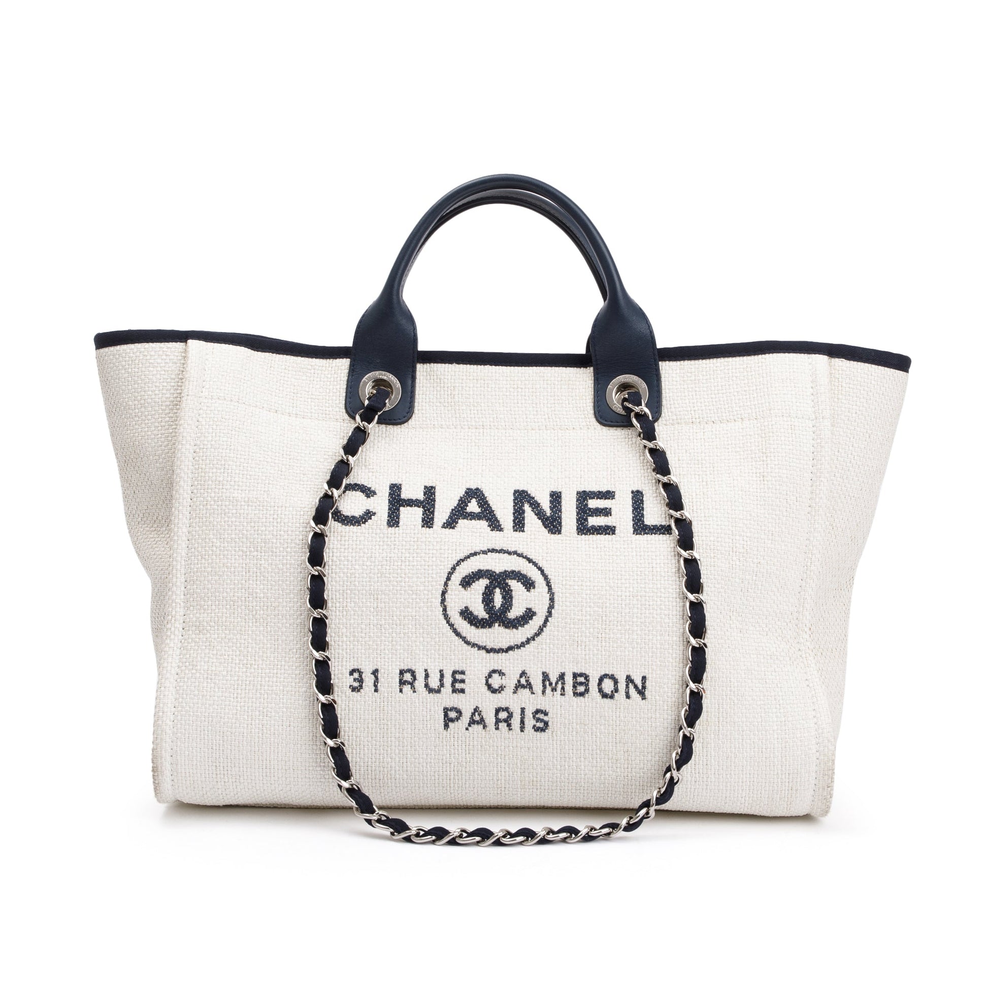 Chanel Neutral Navy Deauville Canvas Calfskin Travel Bag