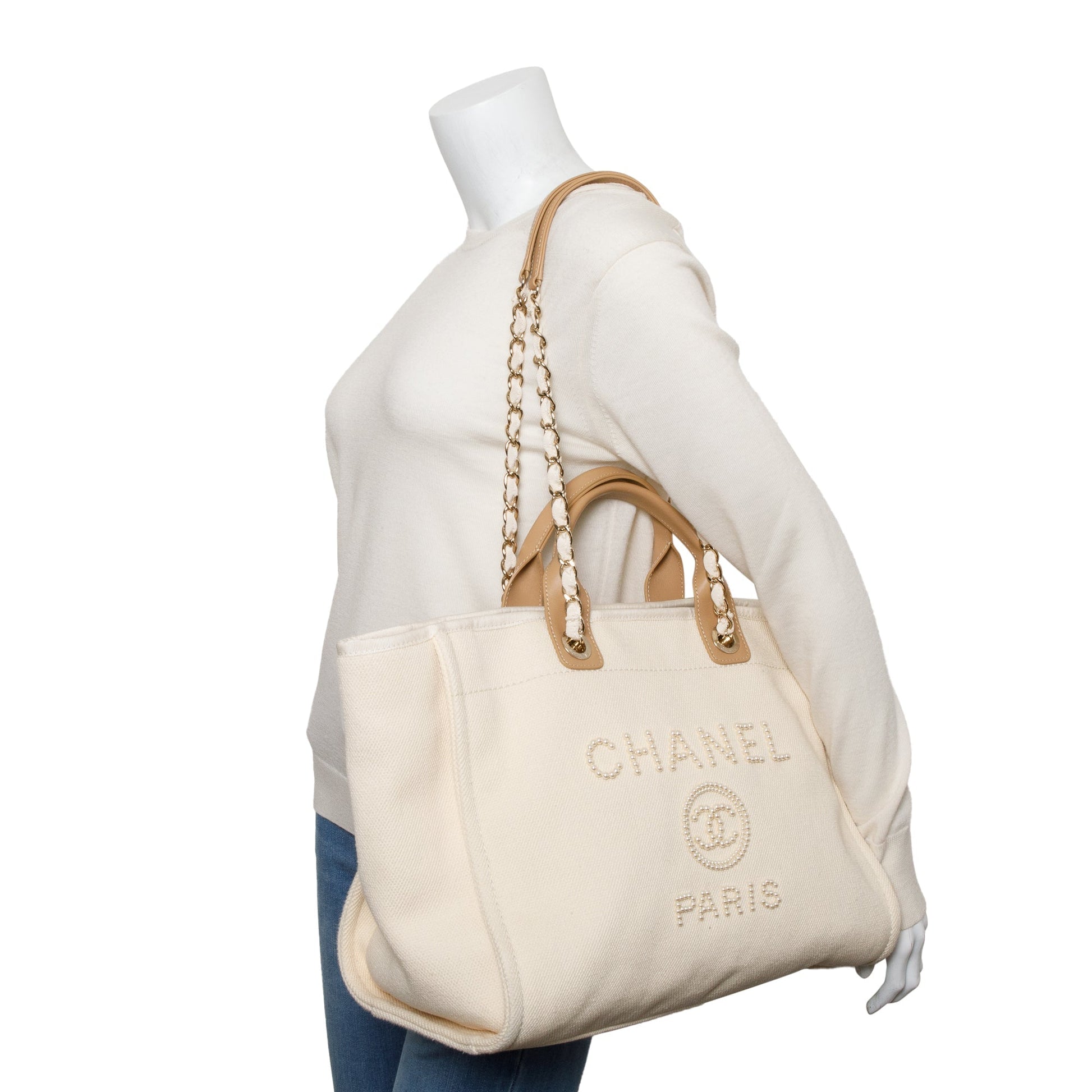 Chanel Neutral Tan Pearl Deauville Shopping Canvas Calfskin Travel Bag