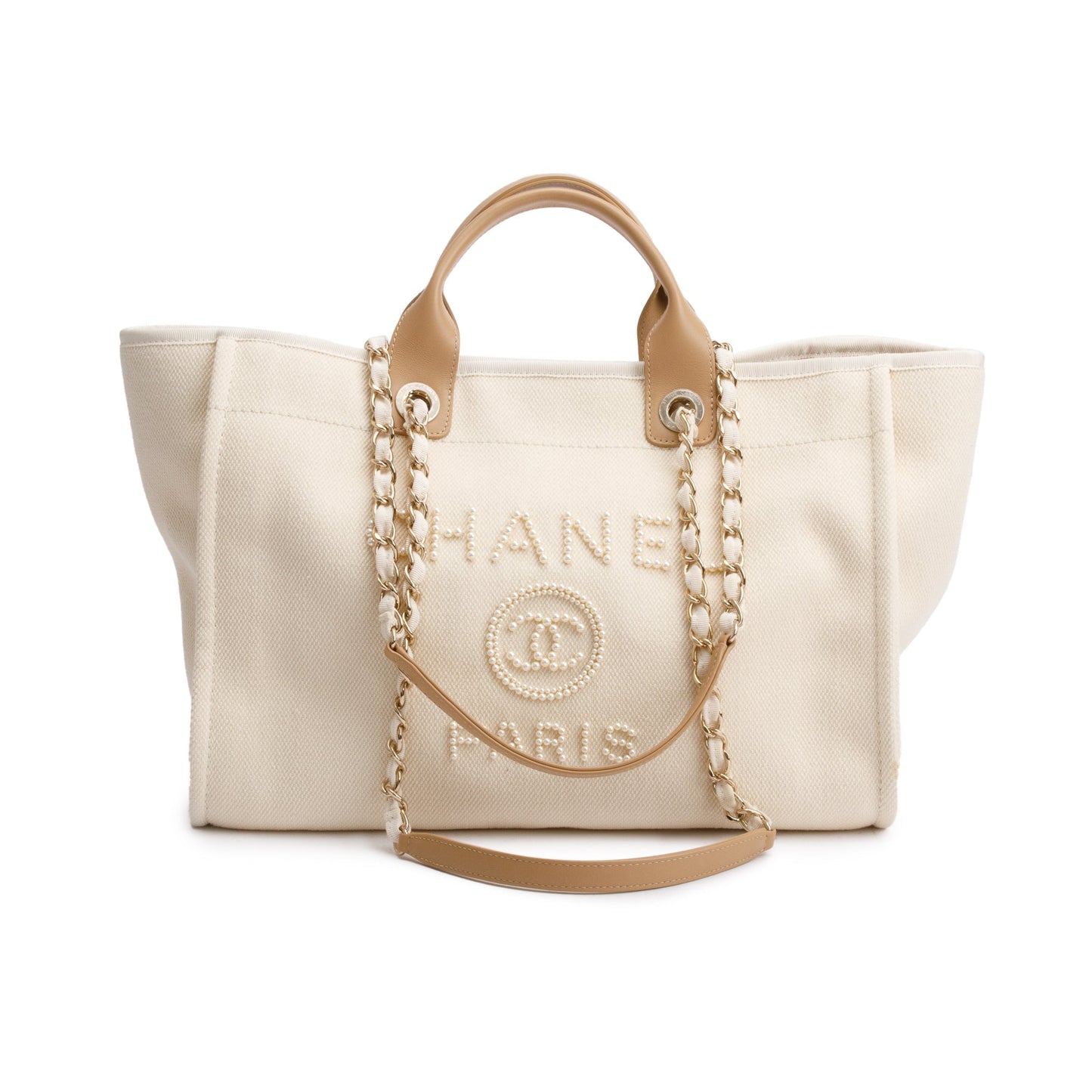 Chanel Neutral Tan Pearl Deauville Shopping Canvas Calfskin Travel Bag