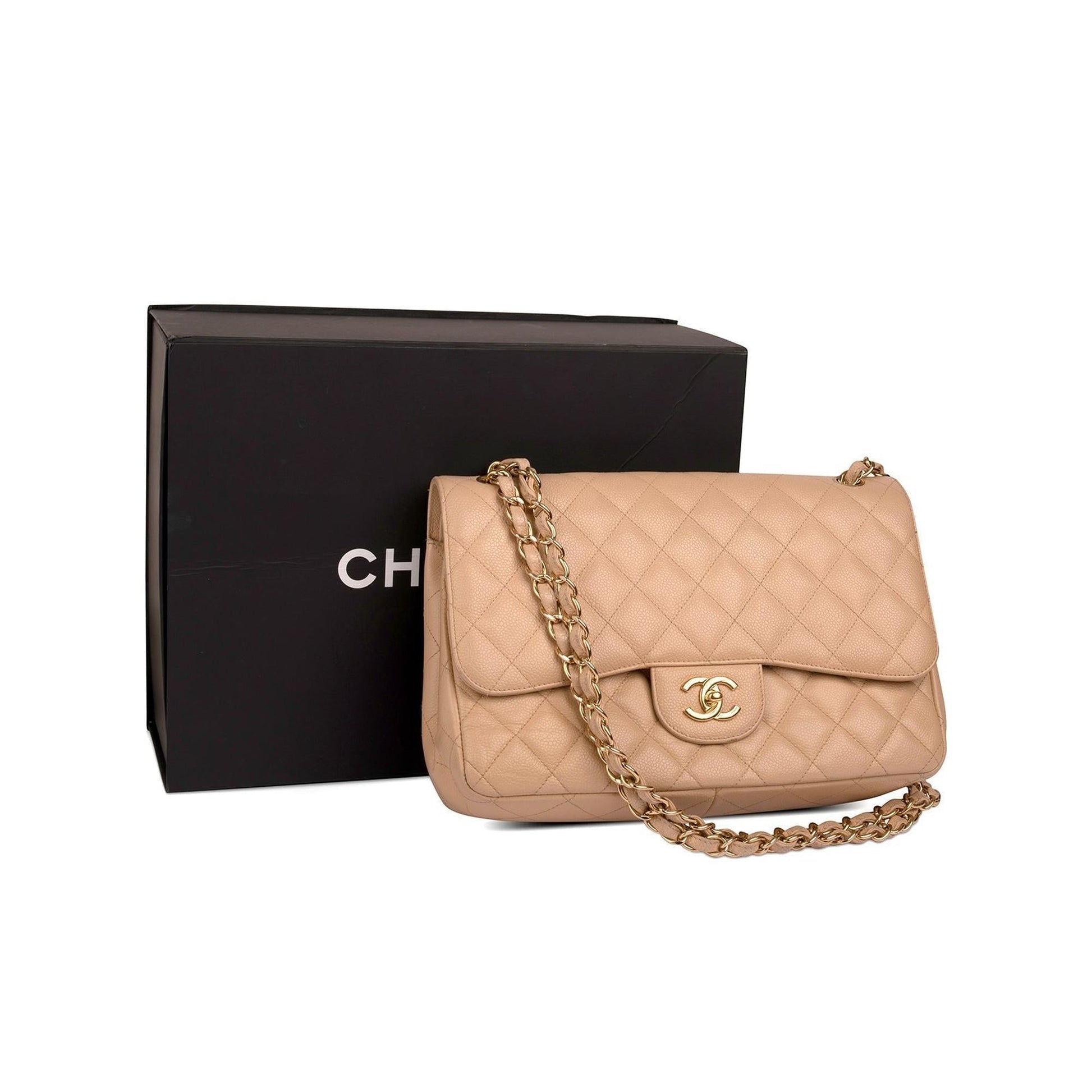 Chanel Neutral Caviar Classic Jumbo Double Travel Bag