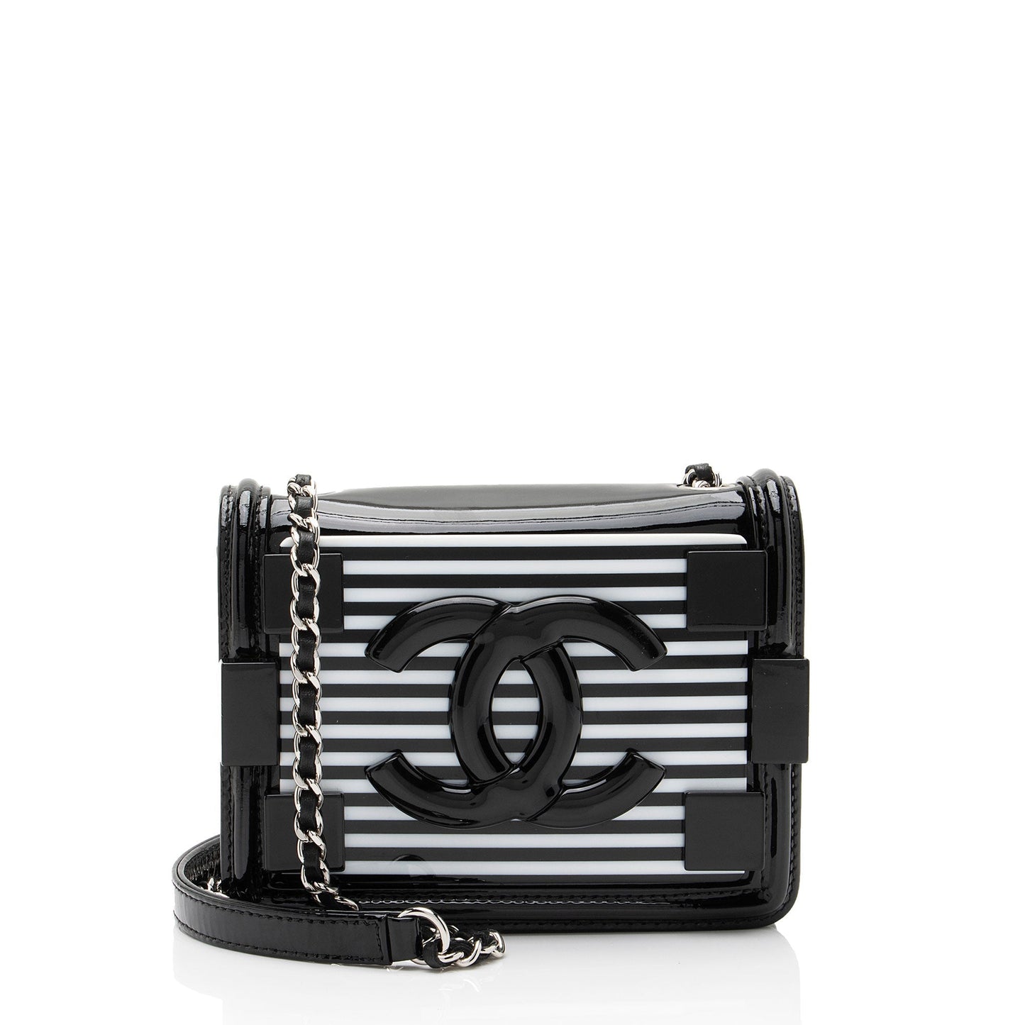Chanel Patent Striped Plexiglass Brick Boy Flap Leather Shoulder Bag