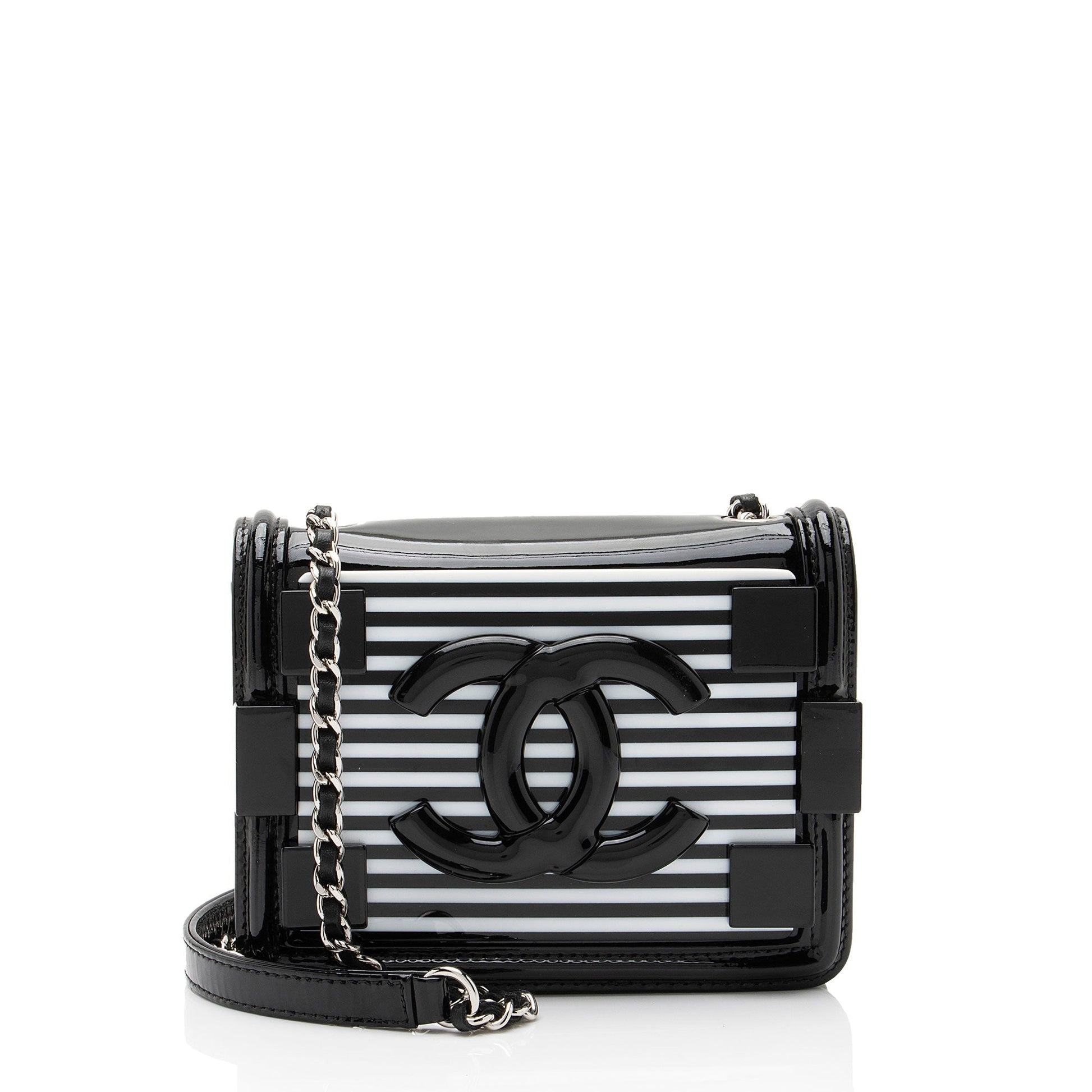 Chanel Patent Striped Plexiglass Brick Boy Flap Leather Shoulder Bag