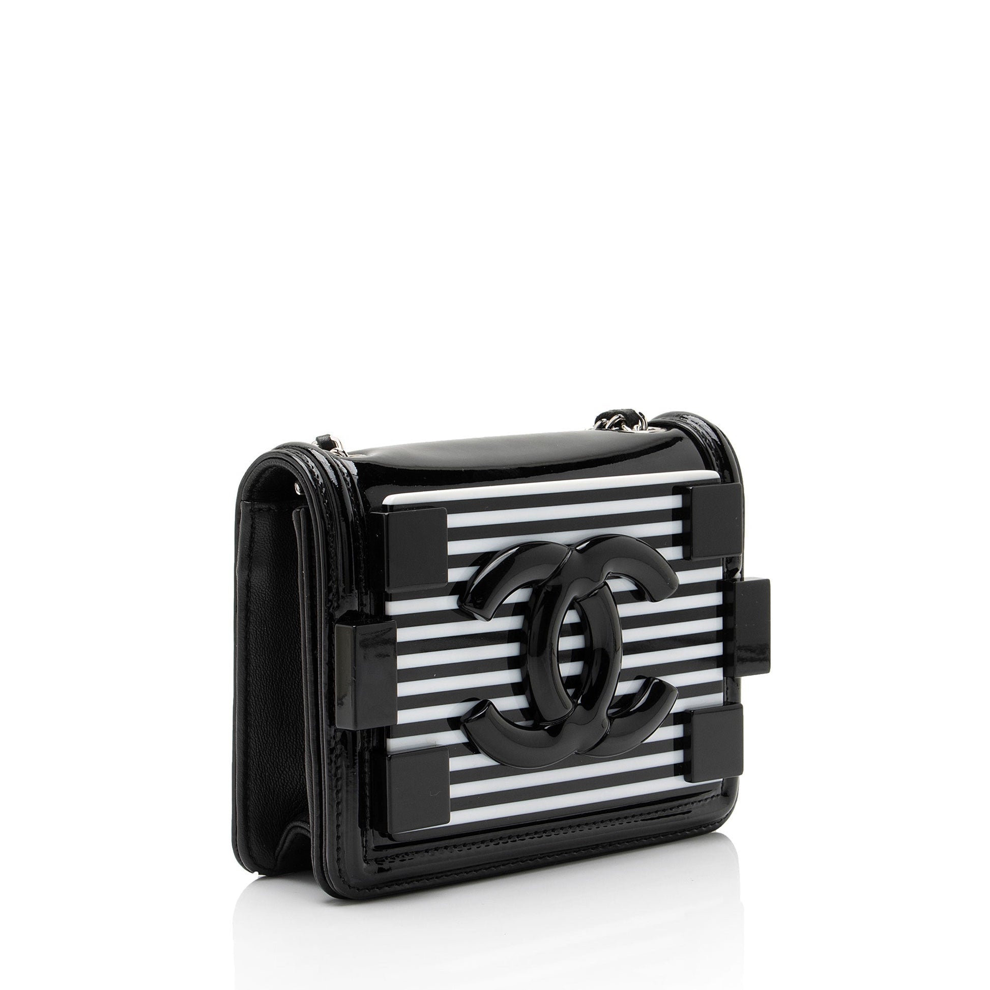 Chanel Patent Striped Plexiglass Brick Boy Flap Leather Shoulder Bag