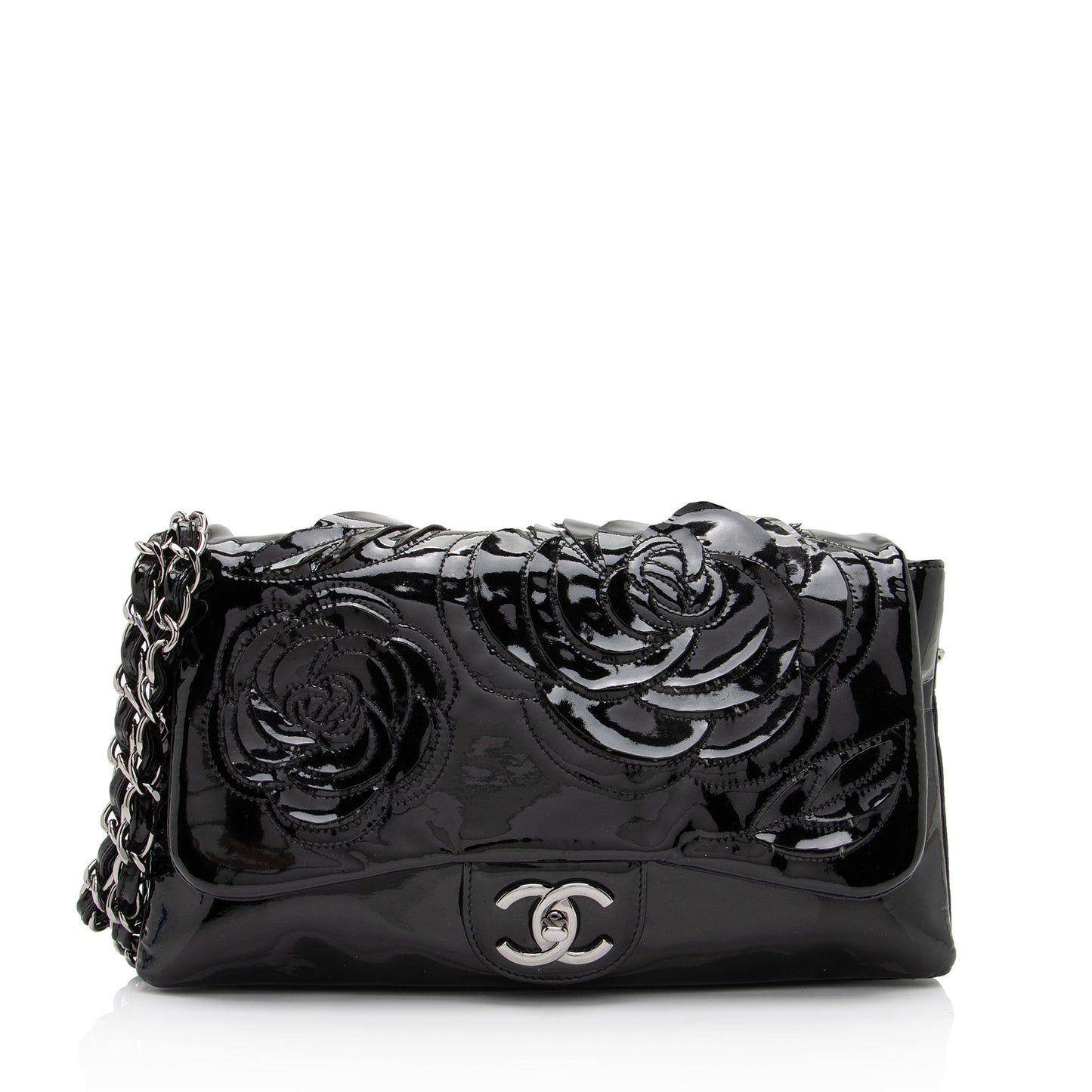 Chanel Patent Tweed Petals Camellia Jumbo Single Leather Shoulder Bag