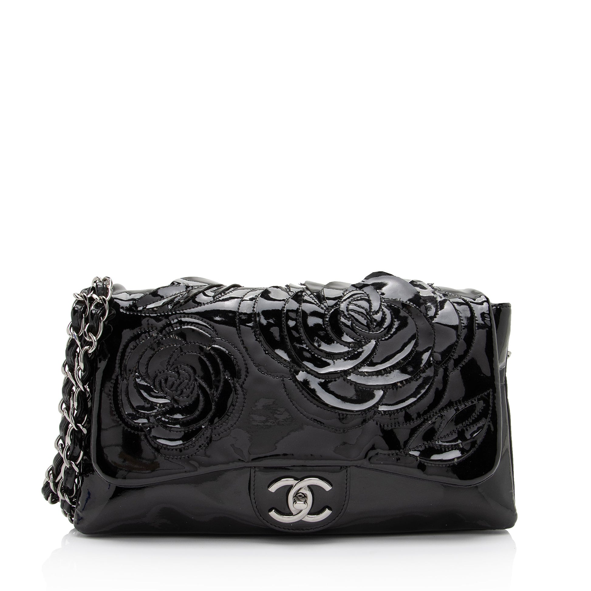 Chanel Patent Tweed Petals Camellia Jumbo Single Leather Shoulder Bag