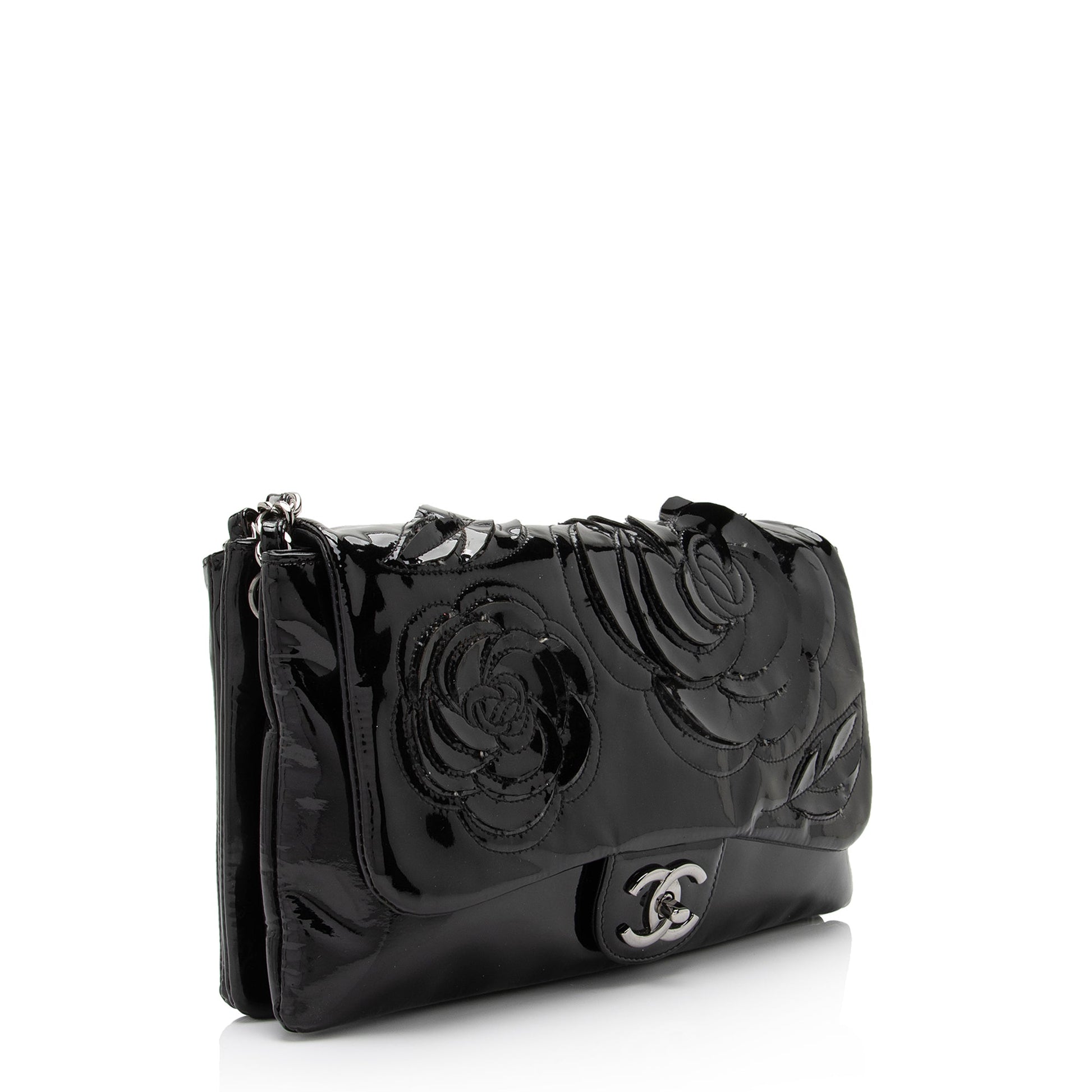 Chanel Patent Tweed Petals Camellia Jumbo Single Leather Shoulder Bag