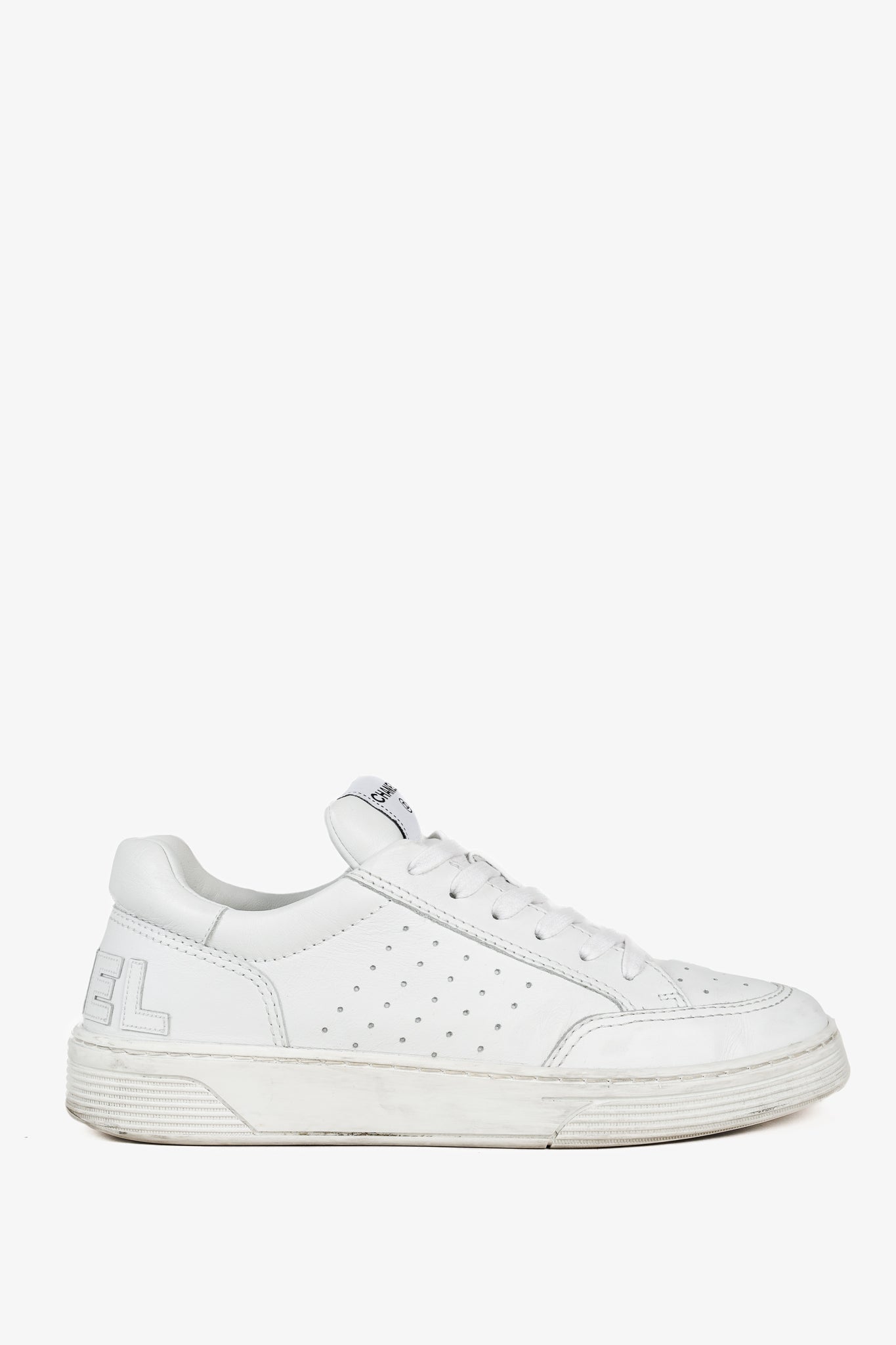 Chanel White Perforated Logo Leather Lace-Up Sneakers