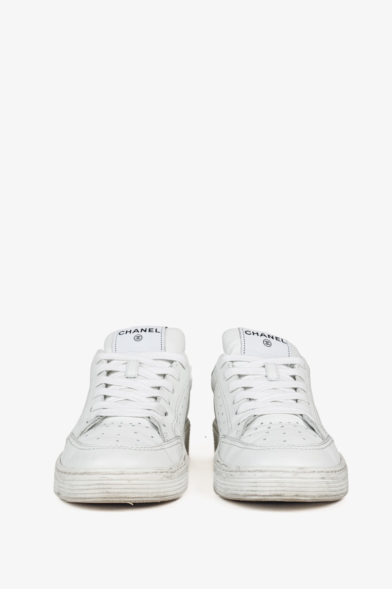 Chanel White Perforated Logo Leather Lace-Up Sneakers