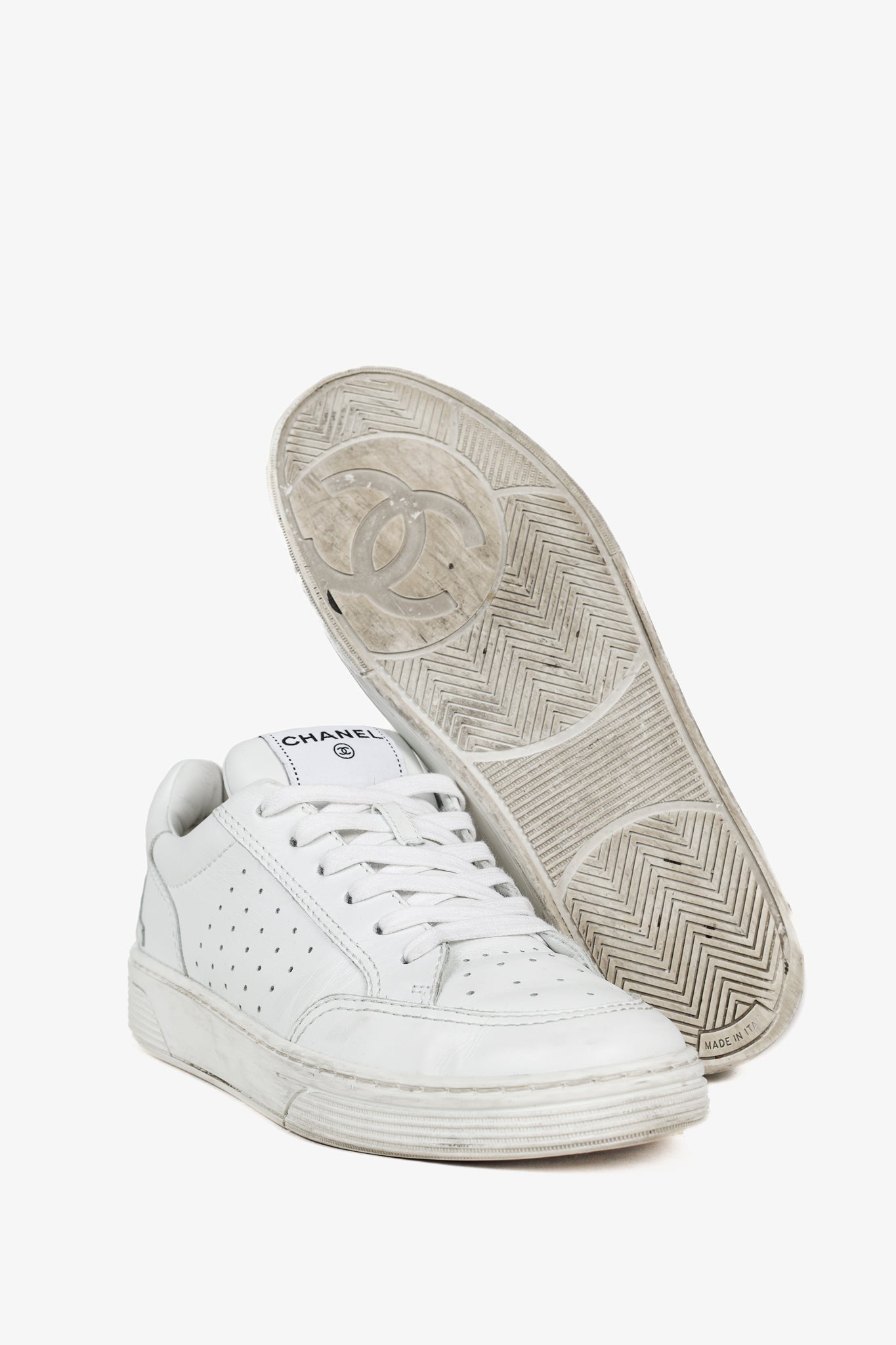 Chanel White Perforated Logo Leather Lace-Up Sneakers
