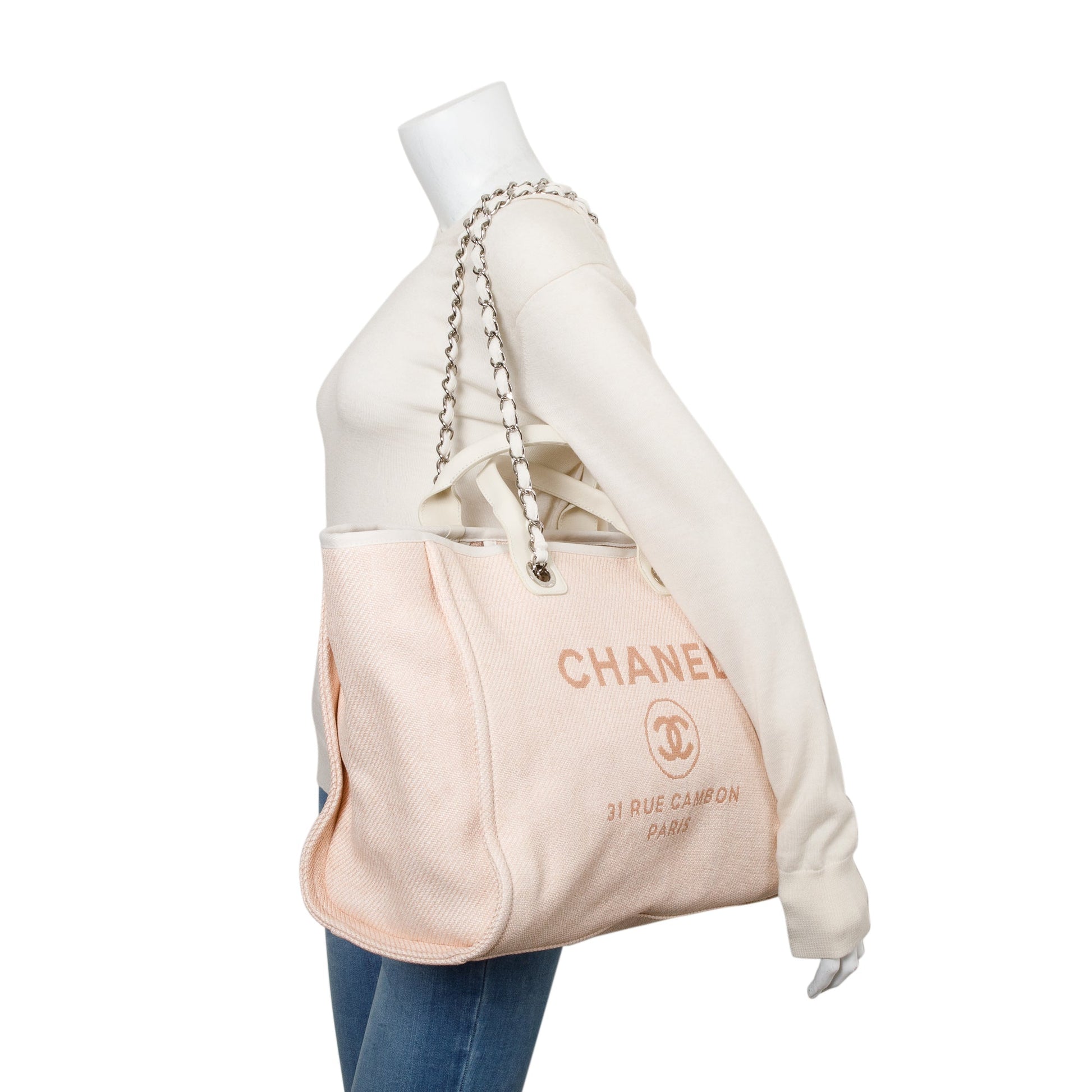 Chanel Deauville Shopping Canvas Calfskin White Pink Travel Bag