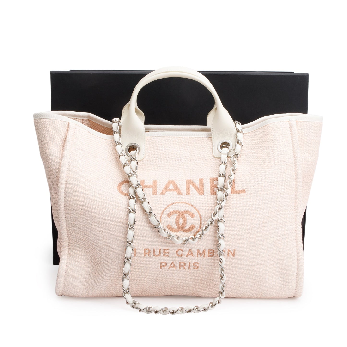 Chanel Deauville Shopping Canvas Calfskin White Pink Travel Bag