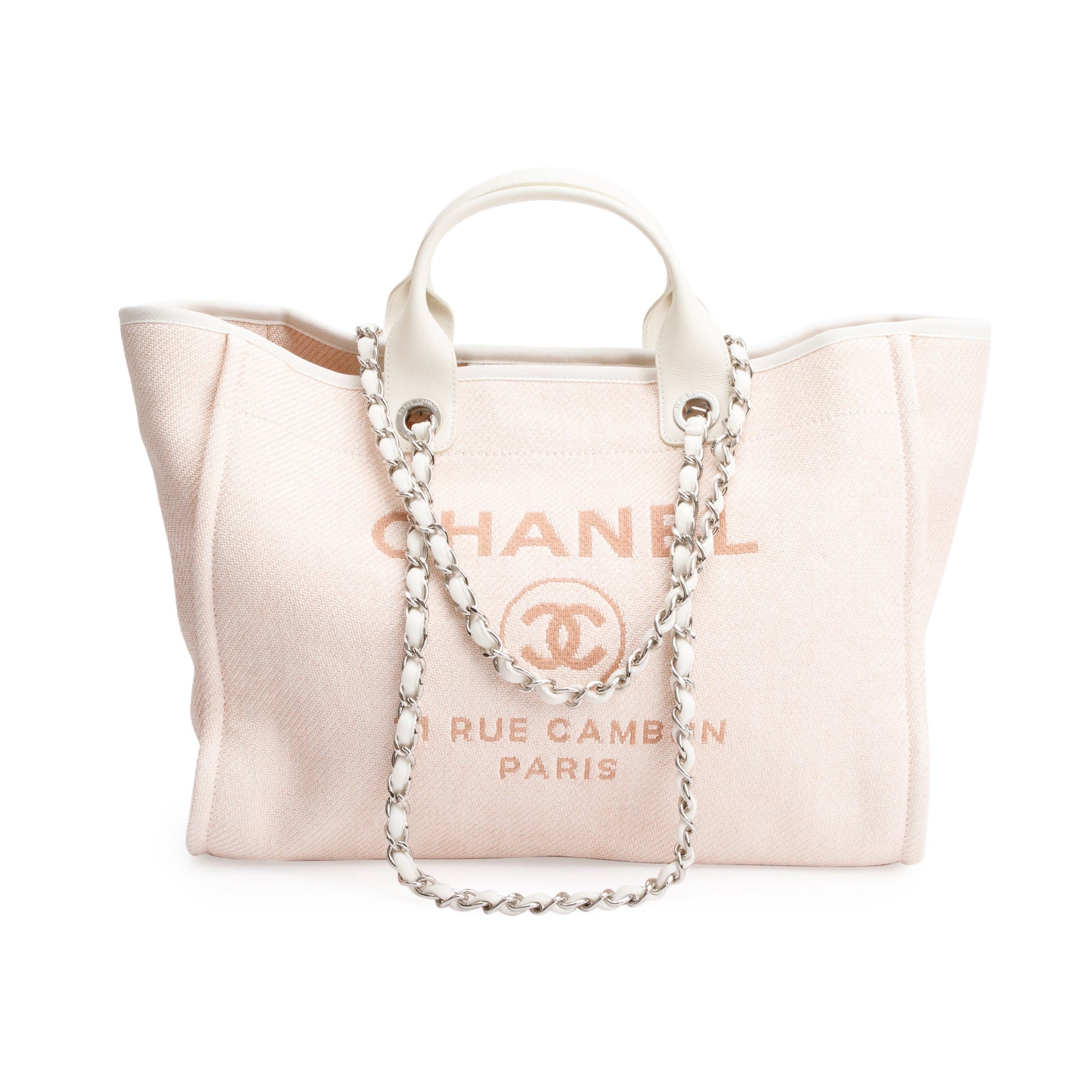 Chanel Deauville Shopping Canvas Calfskin White Pink Travel Bag