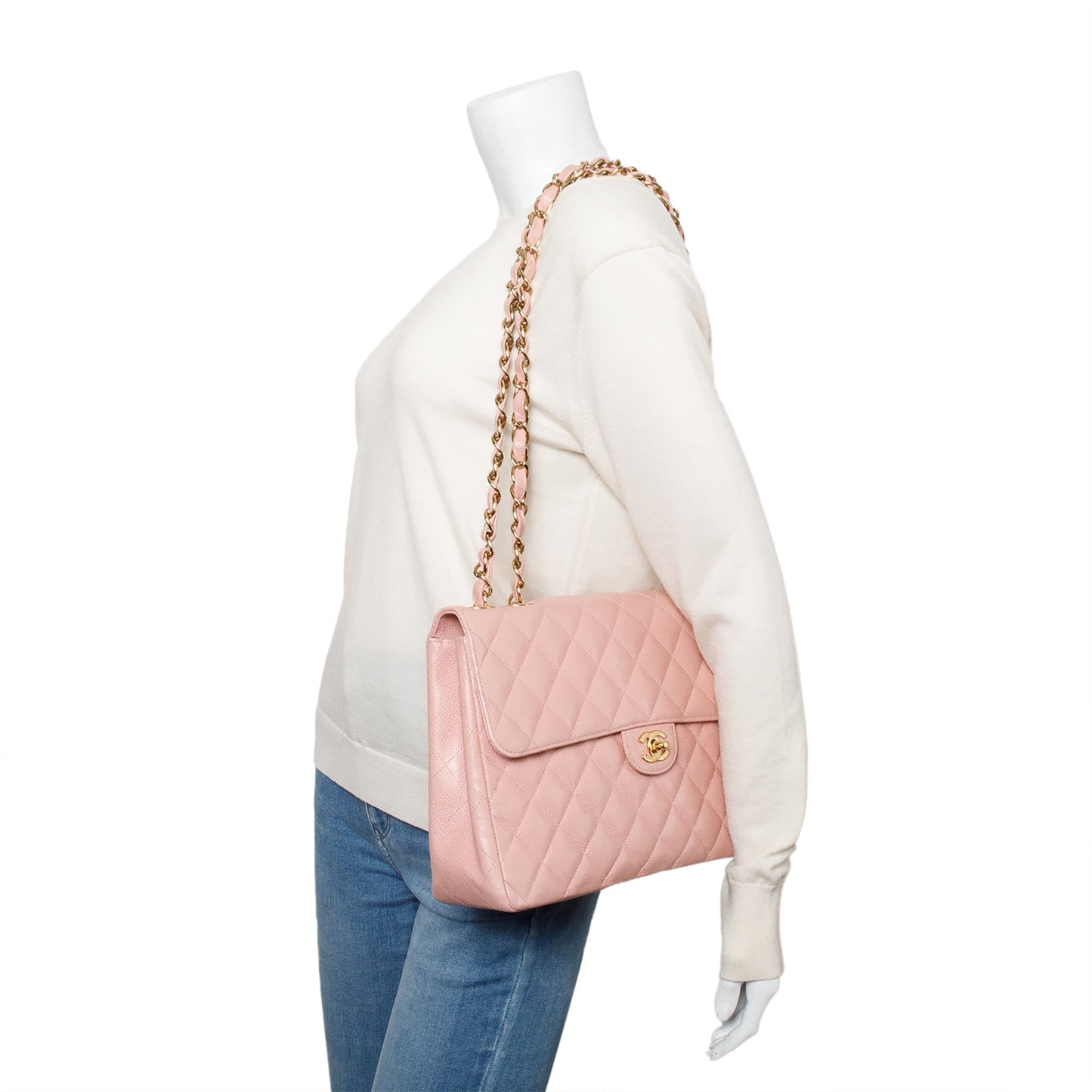Chanel Quilted Caviar Square Classic Jumbo Leather Pink Travel Bag