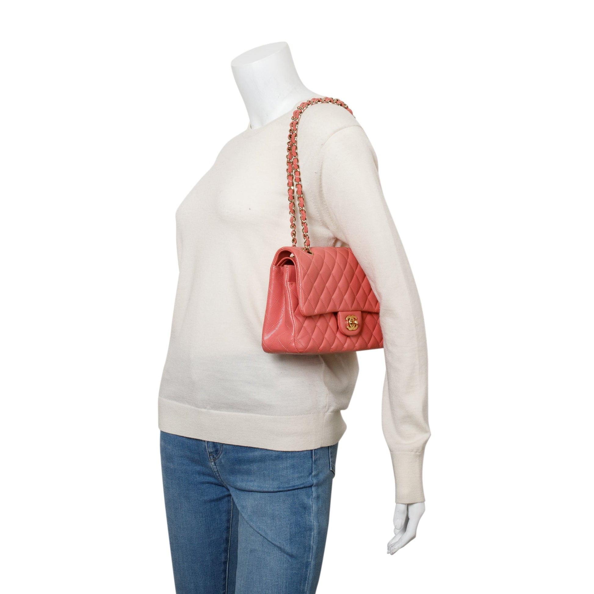 Chanel Caviar Classic Double Flap Leather Pink Travel Bag Authenticity Card
