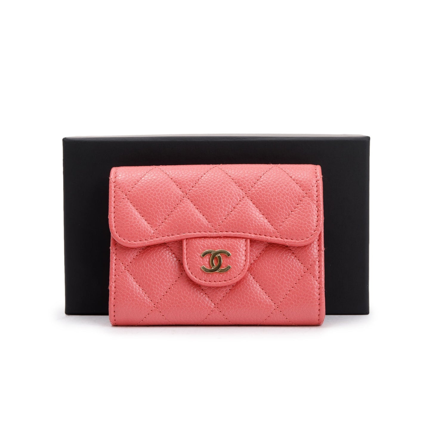 Chanel Caviar Quilted Flap Card Holder Leather Pink Wallet Case