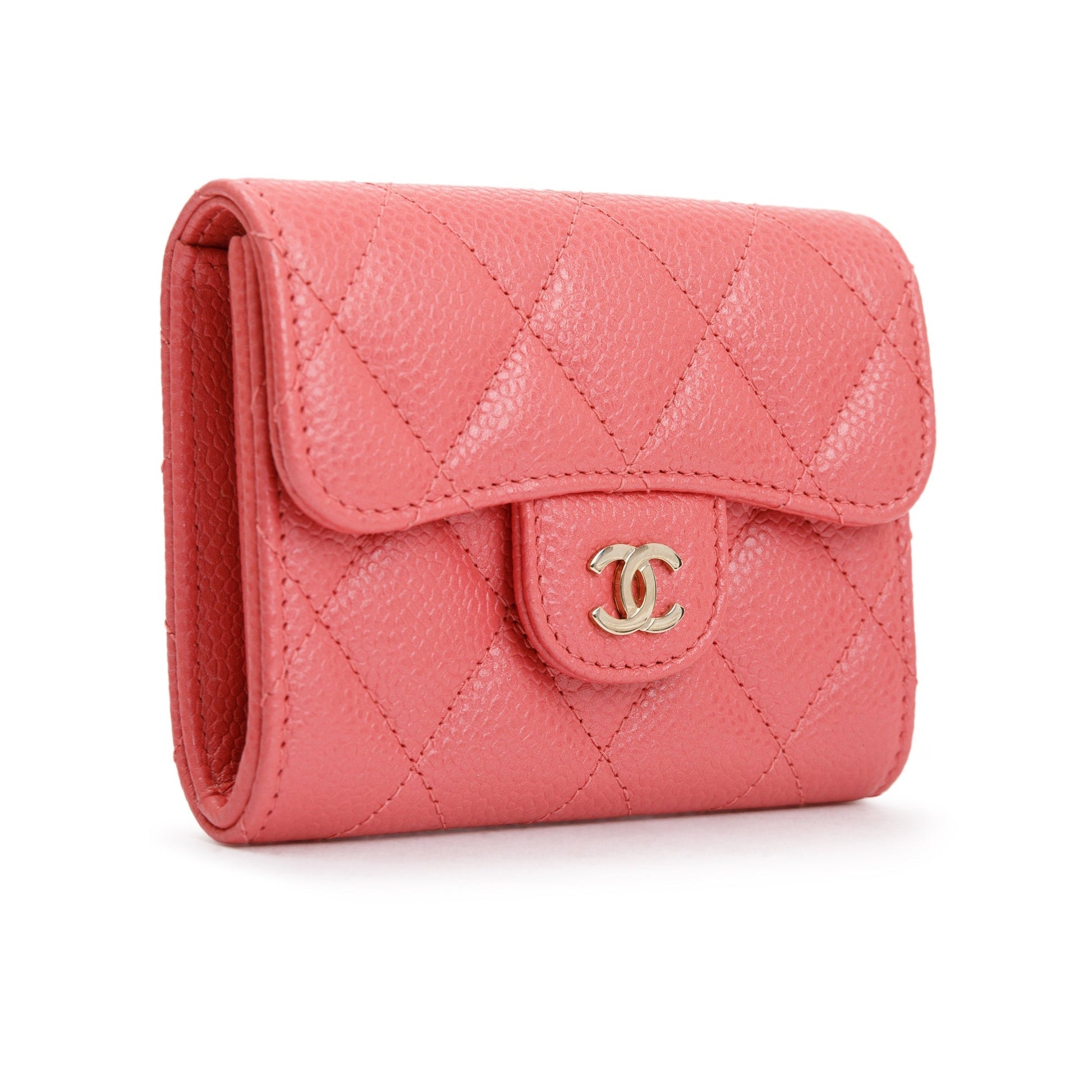 Chanel Caviar Quilted Flap Card Holder Leather Pink Wallet Case