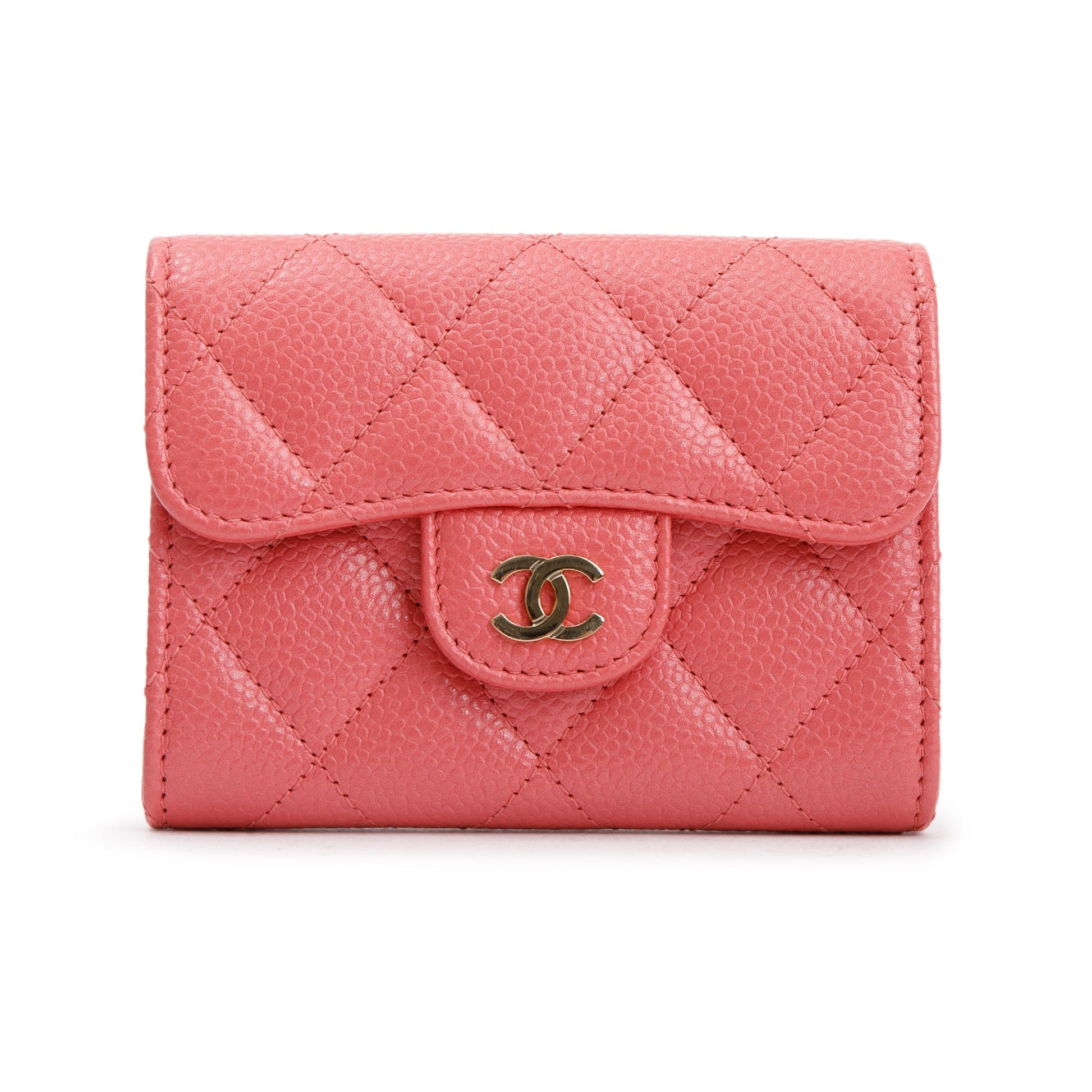 Chanel Caviar Quilted Flap Card Holder Leather Pink Wallet Case