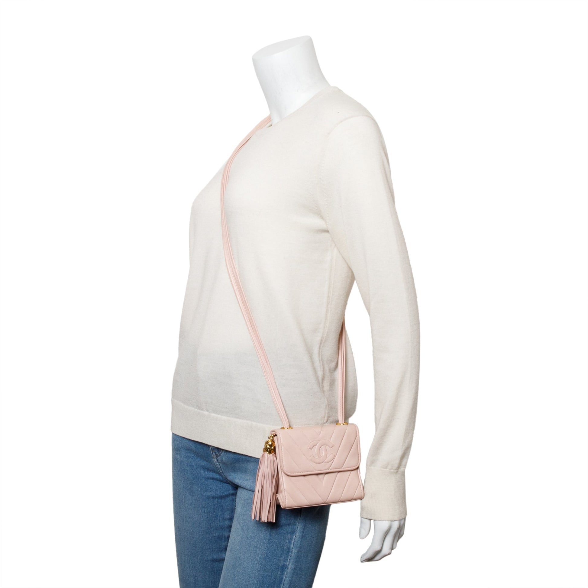 Chanel Chevron Tassel Flap Leather Lambskin Pink Travel Bag