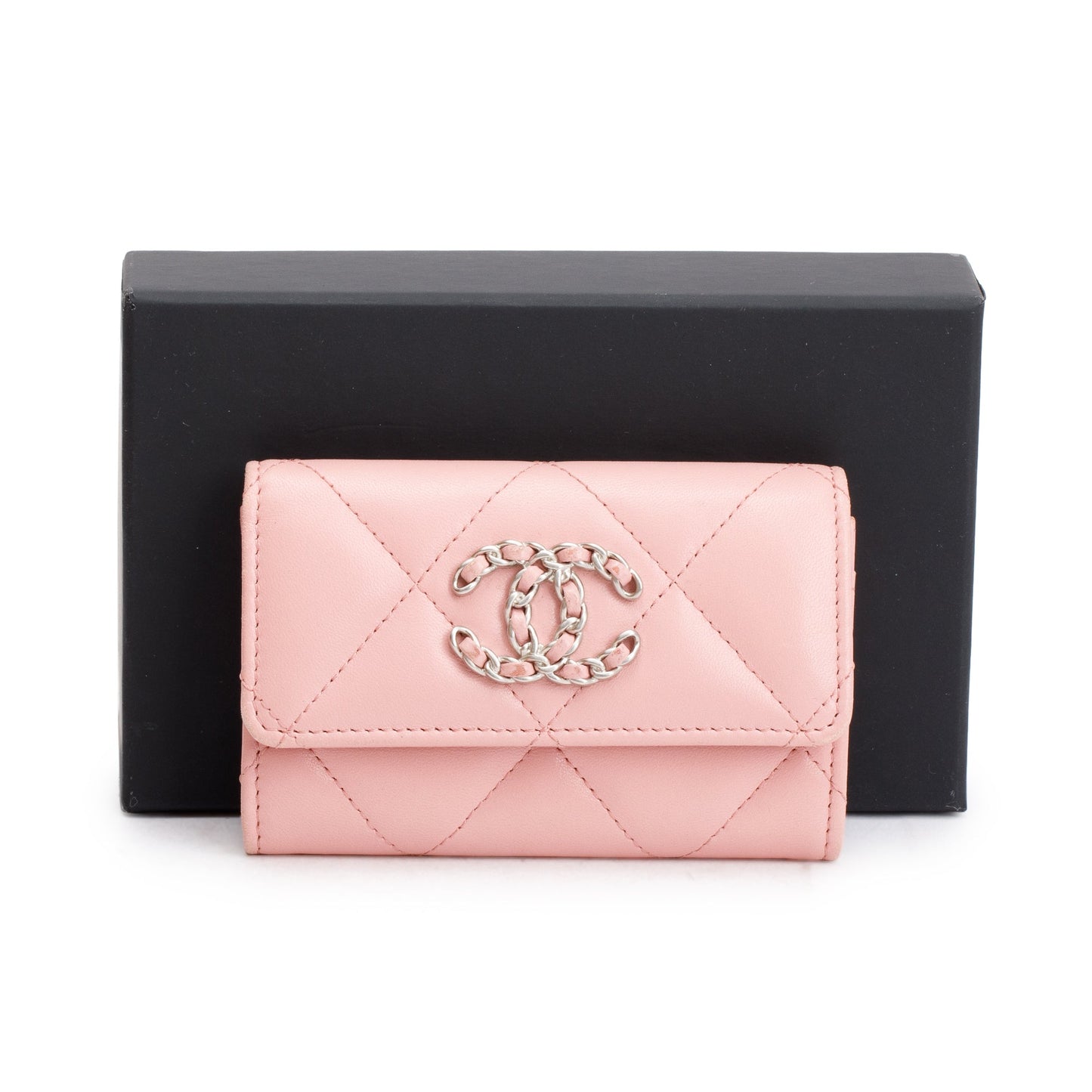 Chanel Quilted 19 Flap Card Holder Leather Pink Wallet Case W Box