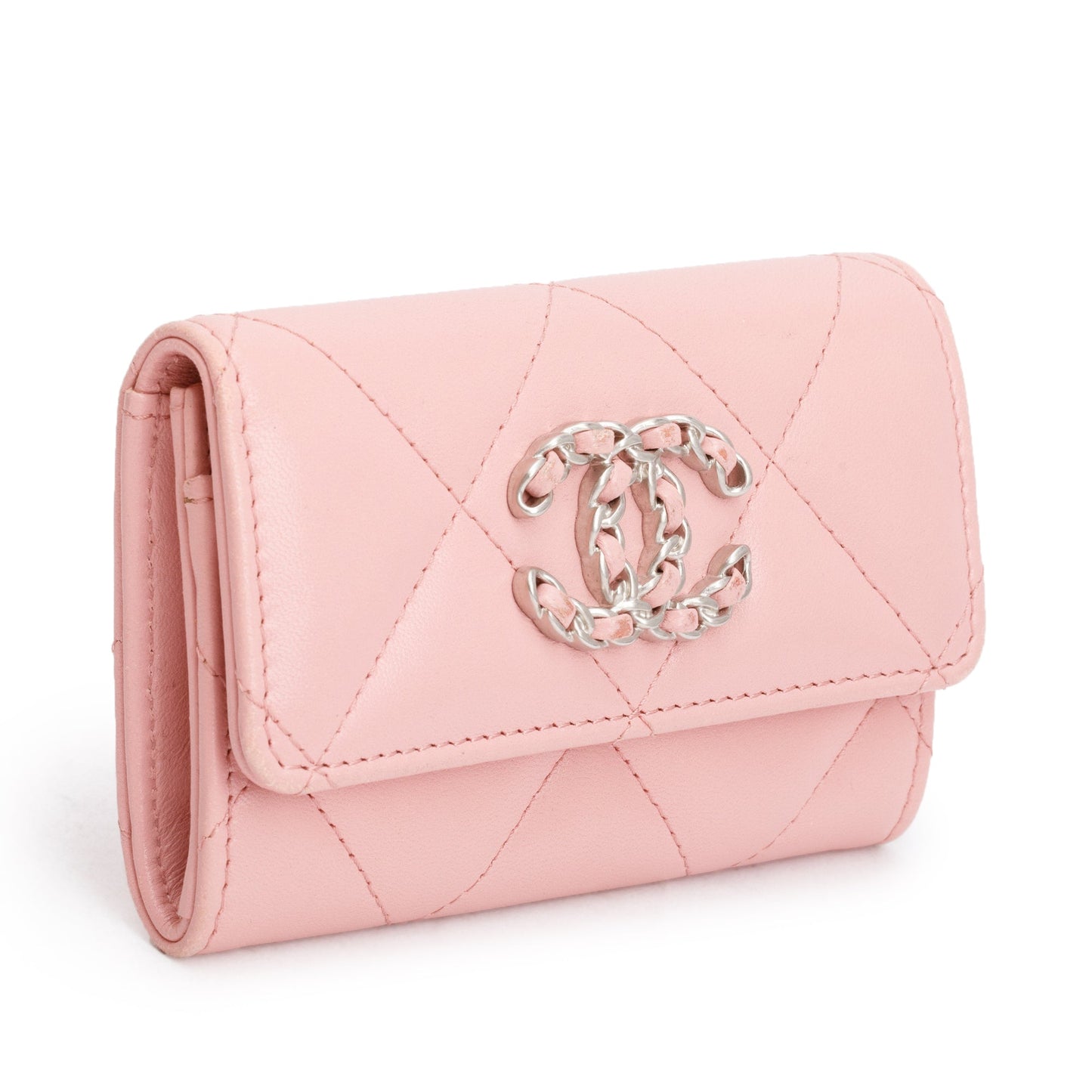 Chanel Quilted 19 Flap Card Holder Leather Pink Wallet Case W Box