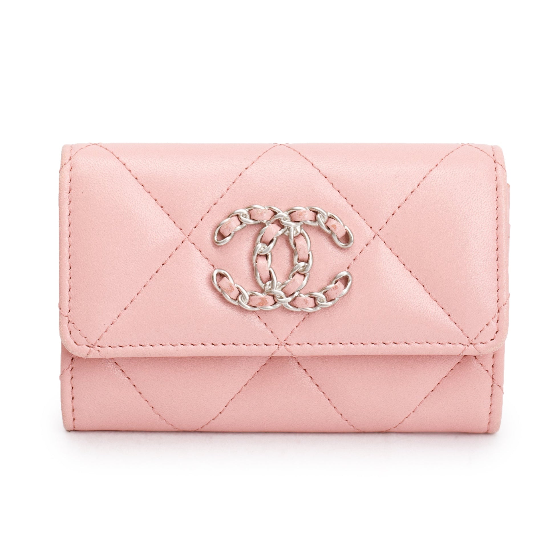Chanel Quilted 19 Flap Card Holder Leather Pink Wallet Case W Box
