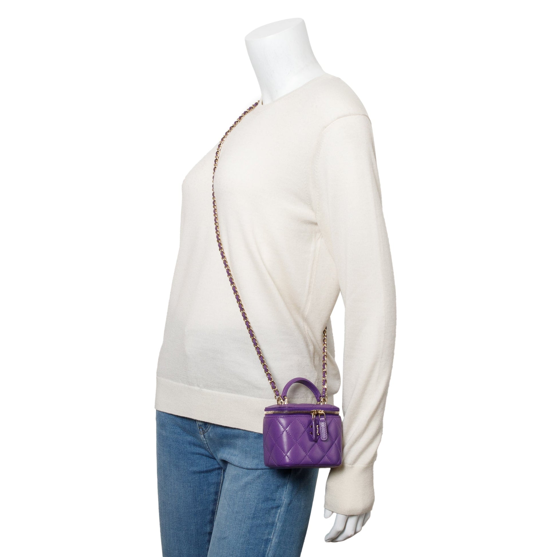 Chanel Purple Top Handle Vanity Leather Lambskin Travel Bag W Chain