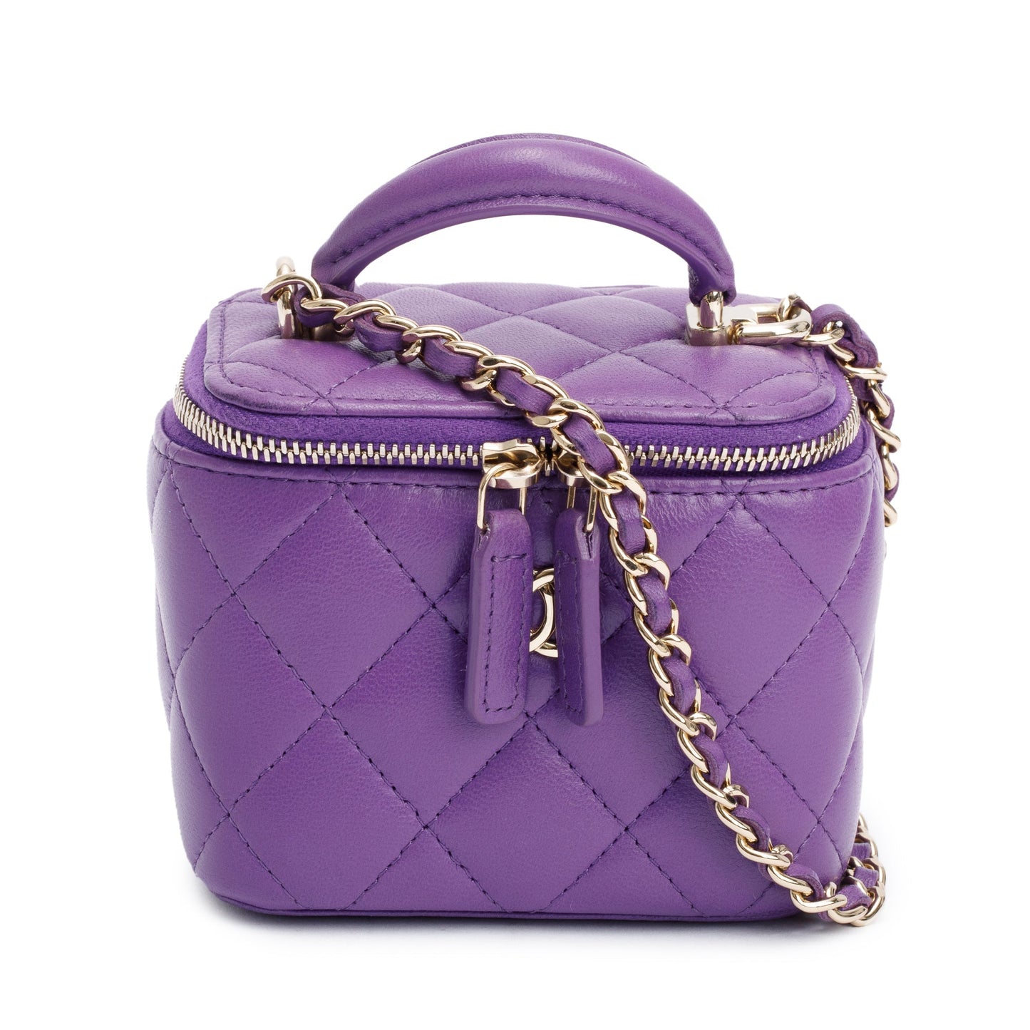 Chanel Purple Top Handle Vanity Leather Lambskin Travel Bag W Chain