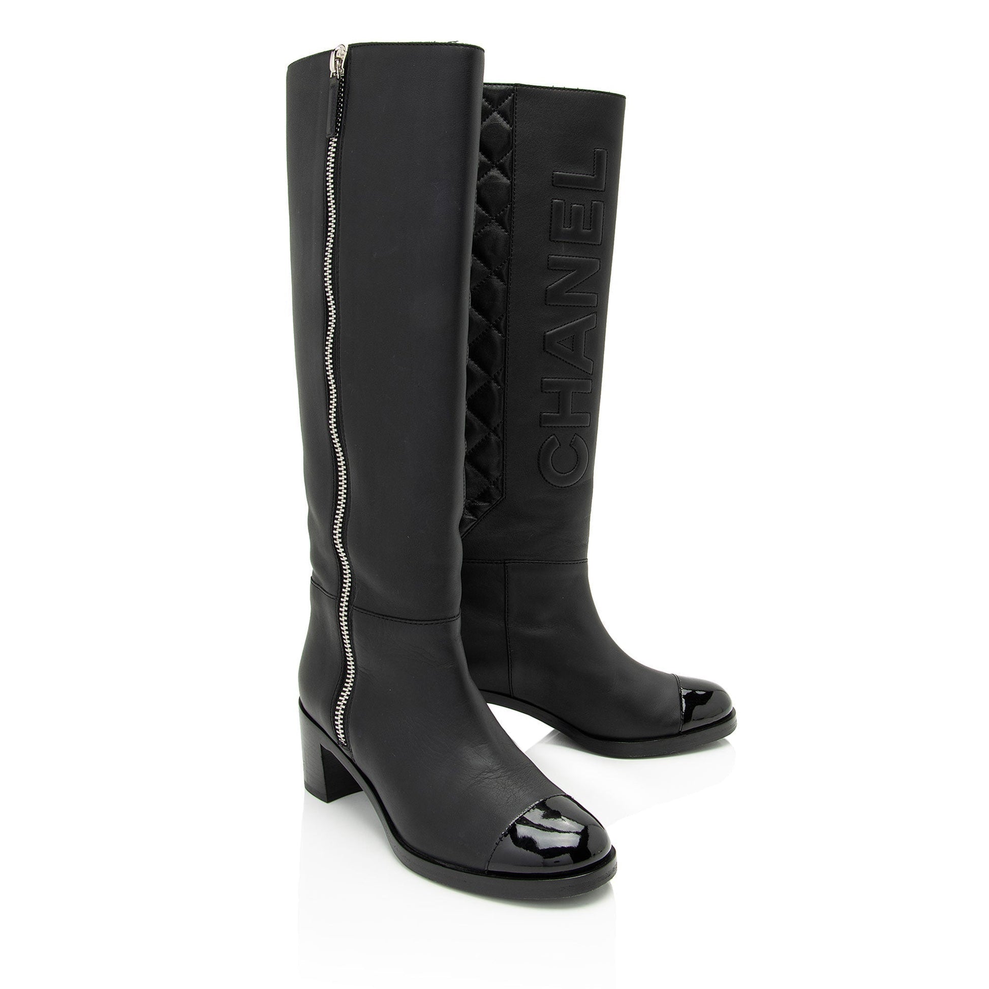 Chanel Quilted Calfskin Patent Leather Cap Toe Logo Boots - Size 7 / 37 (SHF-1bljRC)