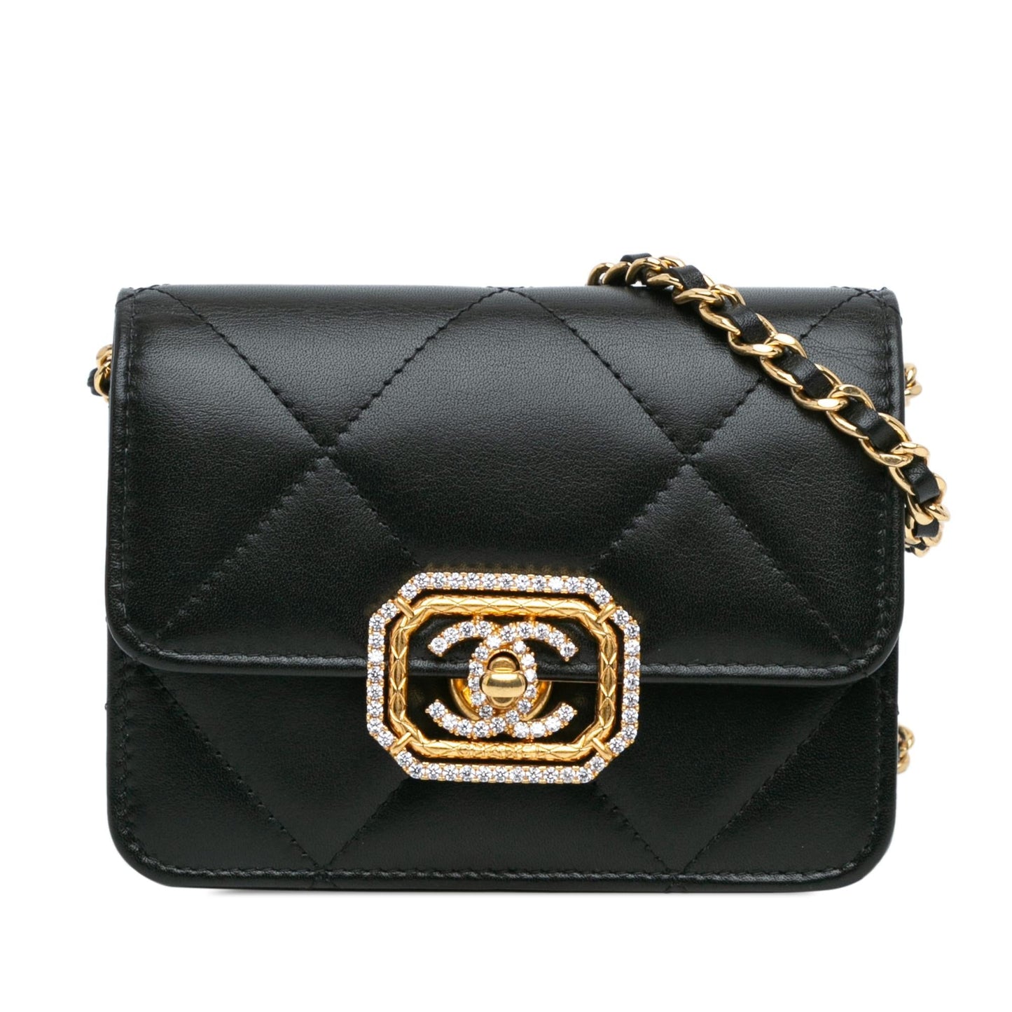 Chanel Quilted Calfskin Strass Card Holder On Wallet Case On Chain