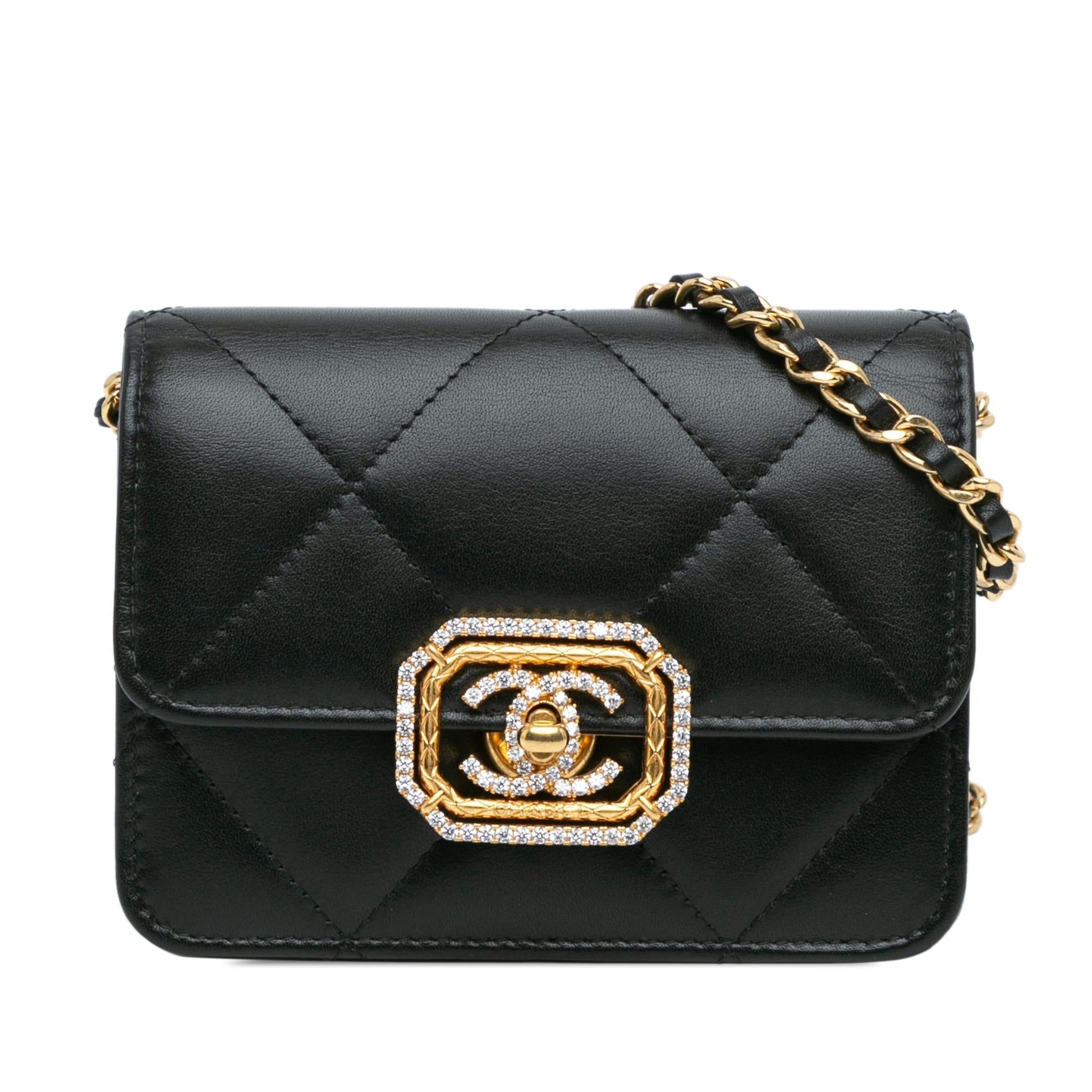 Chanel Quilted Calfskin Strass Card Holder On Wallet Case On Chain