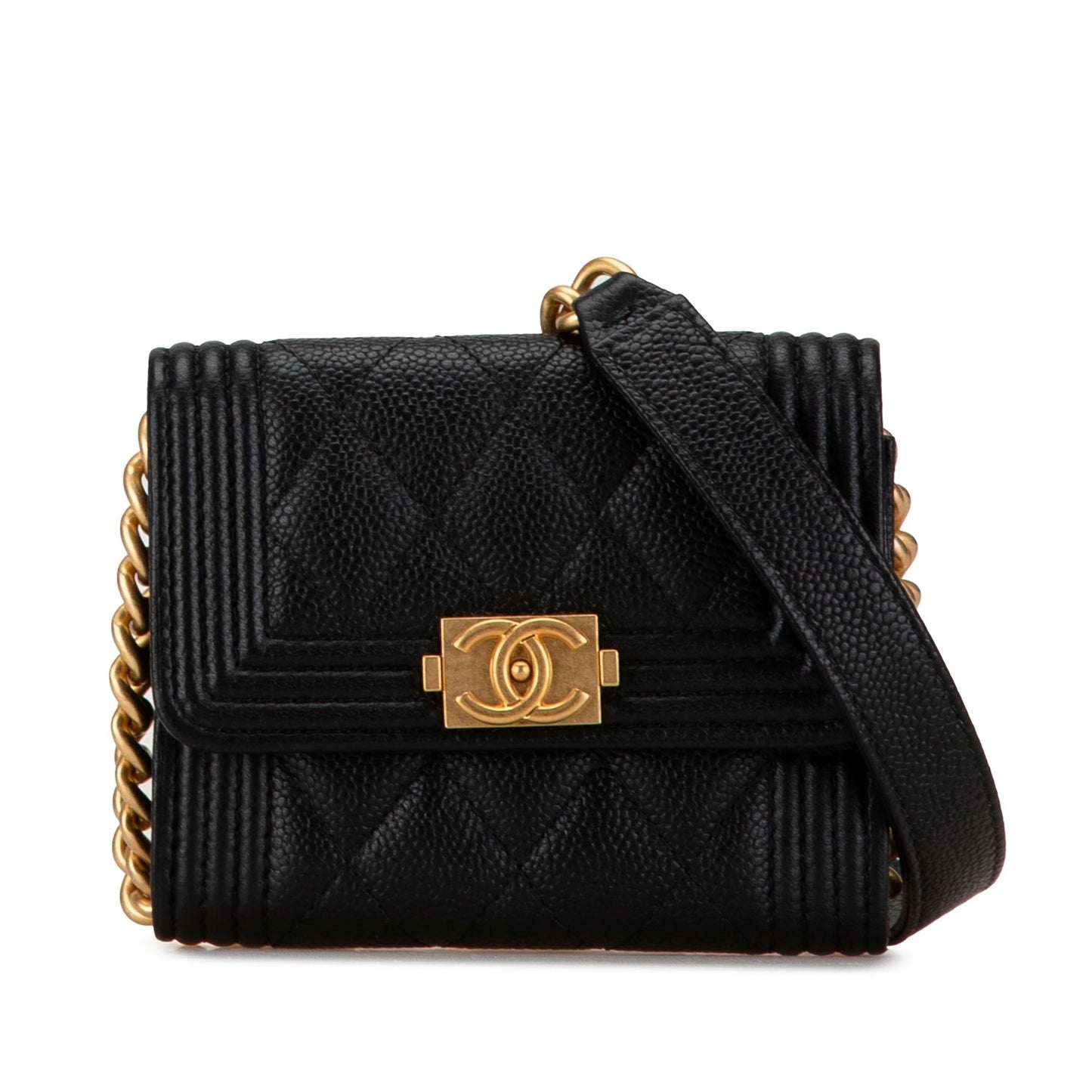 Chanel Quilted Caviar Boy Card Holder Wallet Case With Chain