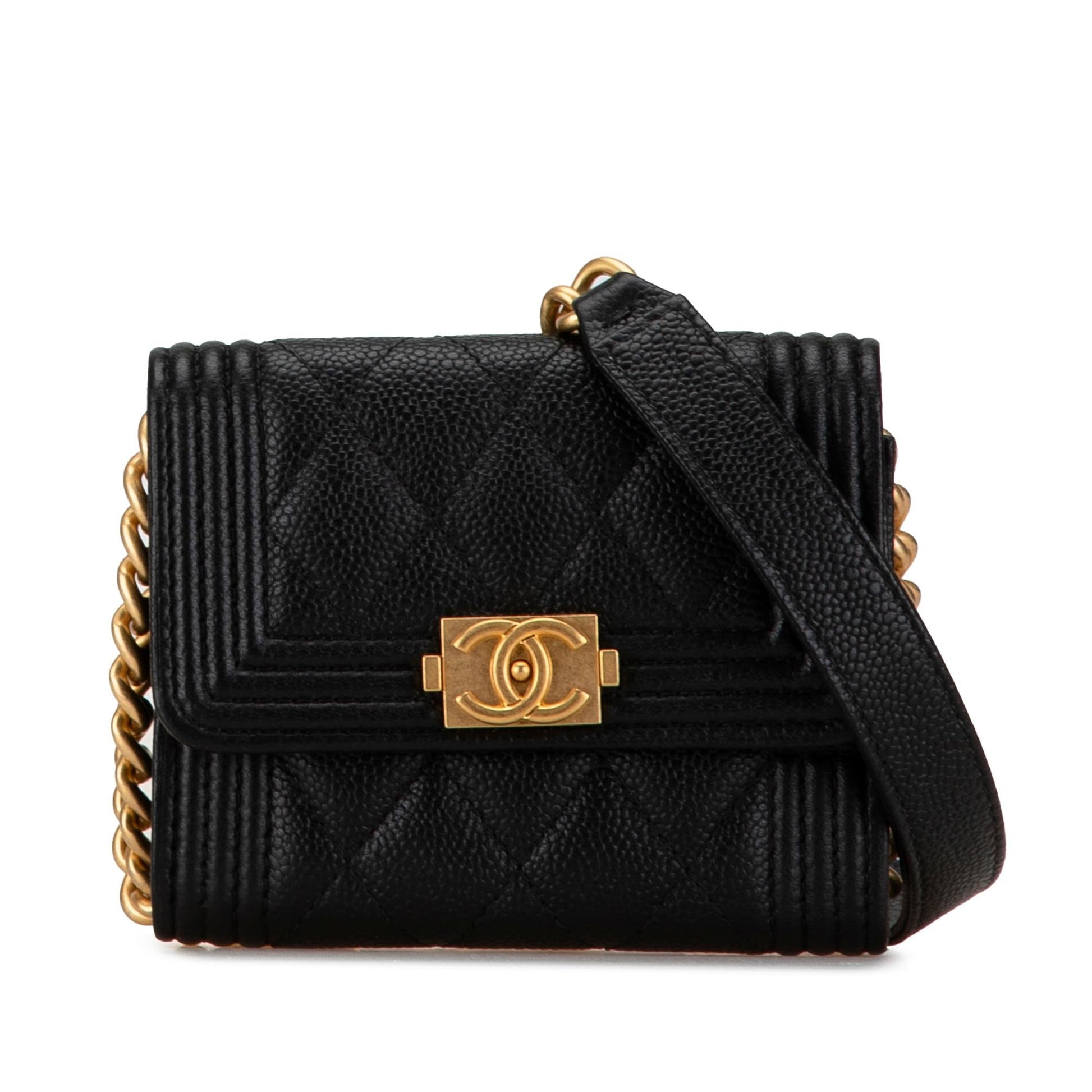 Chanel Quilted Caviar Boy Card Holder Wallet Case With Chain
