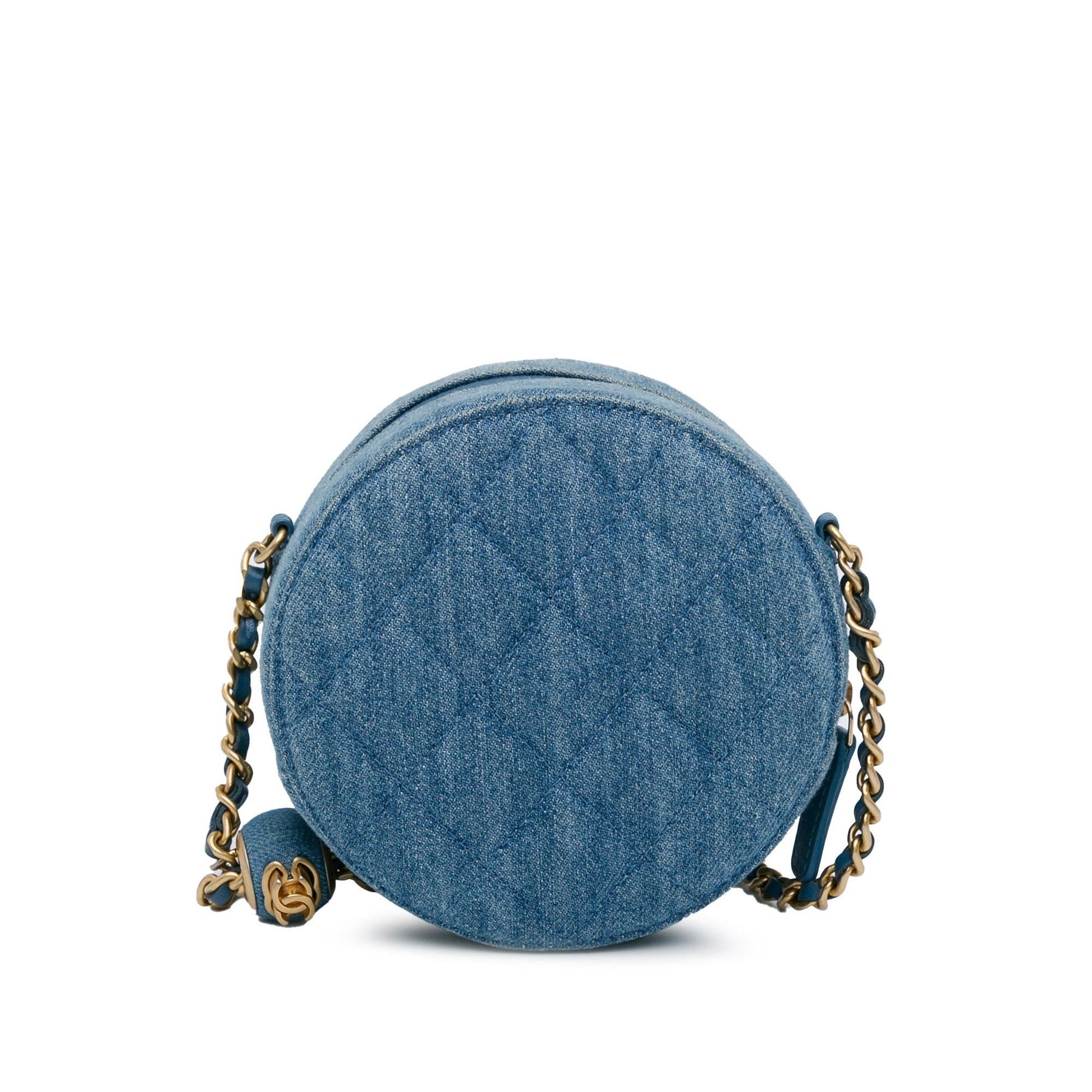 Chanel Quilted Denim Pearl Crush Round Clutch with Chain (SHG-HXkyLN)