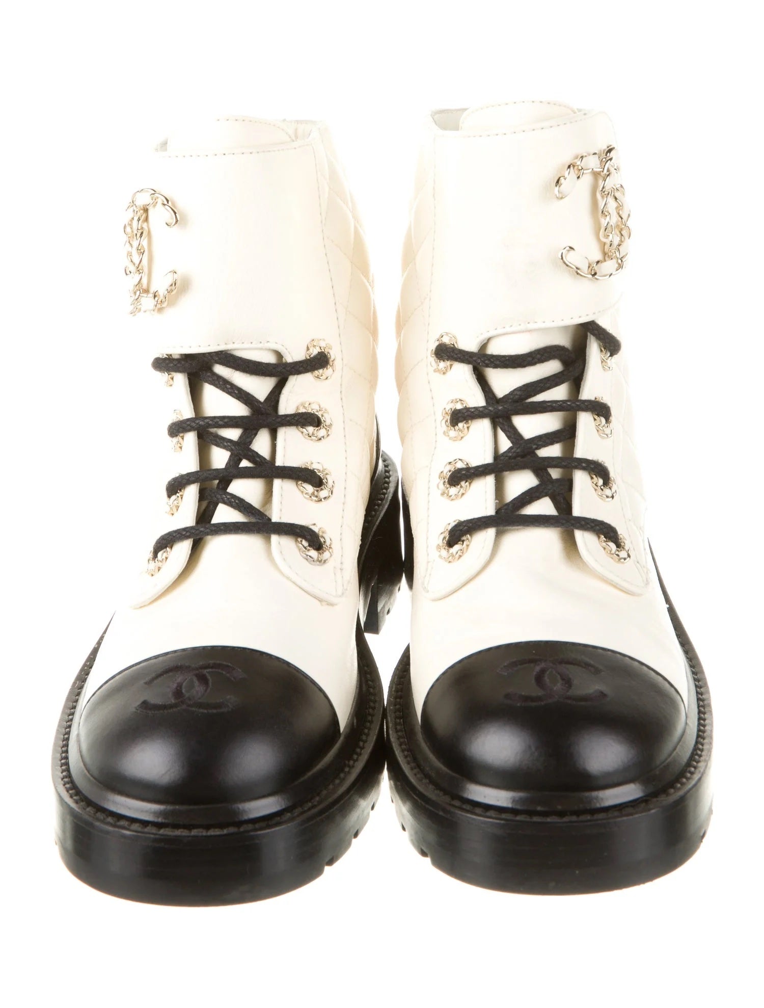 CHANEL CC QUILTED LEATHER CAP TOE CHAIN LINK LOGO COMBAT BOOTS