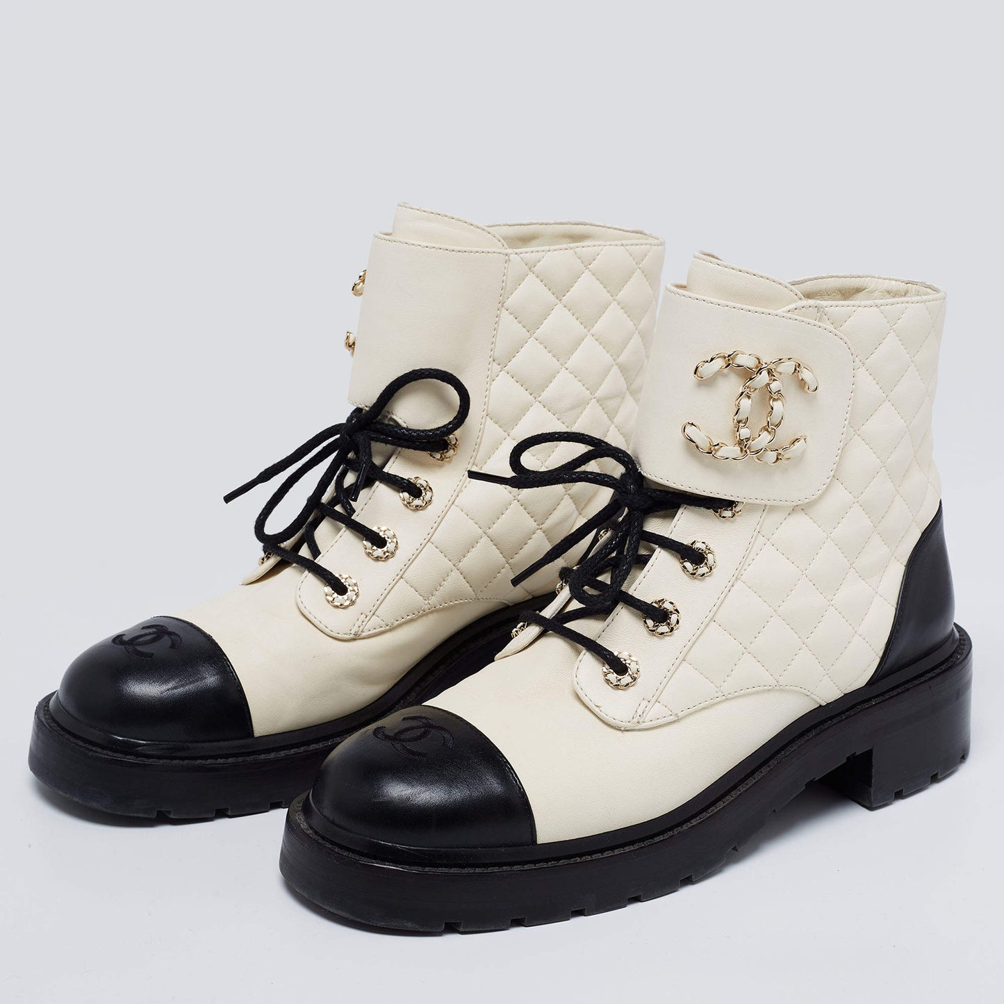 CHANEL CC QUILTED LEATHER CAP TOE CHAIN LINK LOGO COMBAT BOOTS