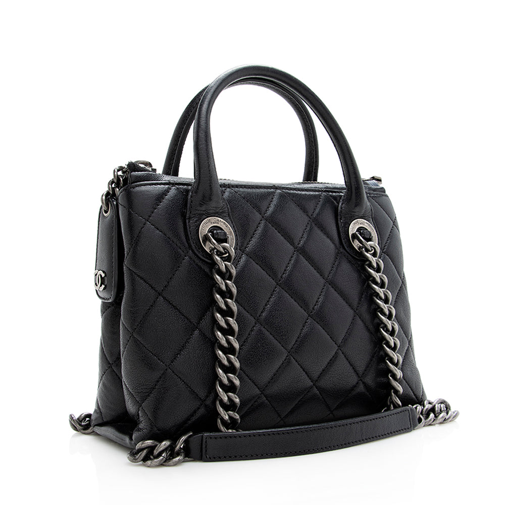 Chanel Quilted Sheepskin Zip Shopping SHF Small Tote Bag