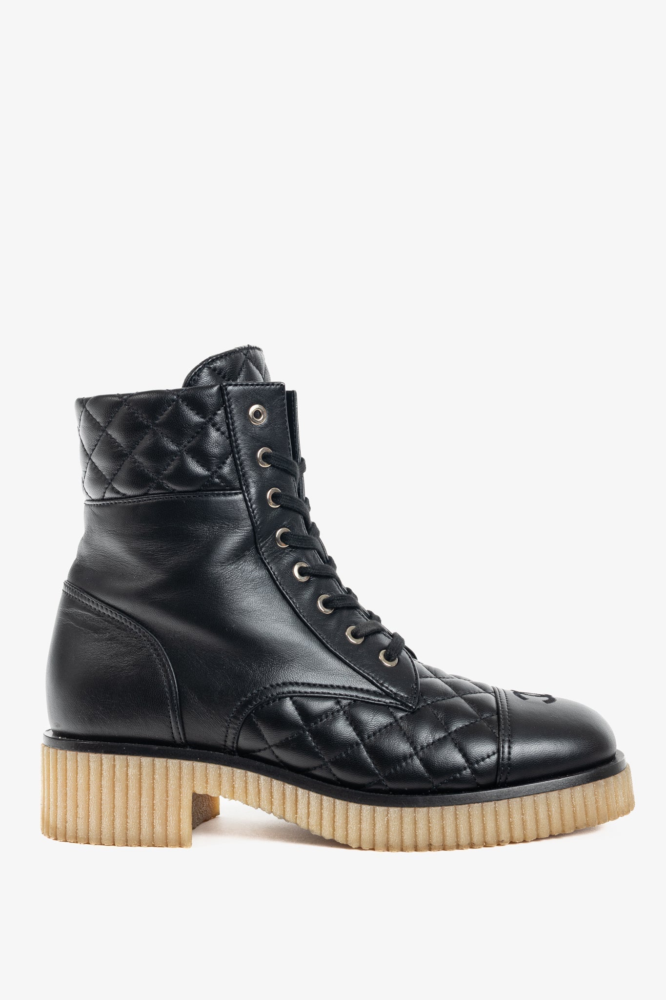 Chanel Black Quilted Leather Interlocking CC Combat Boots for Women