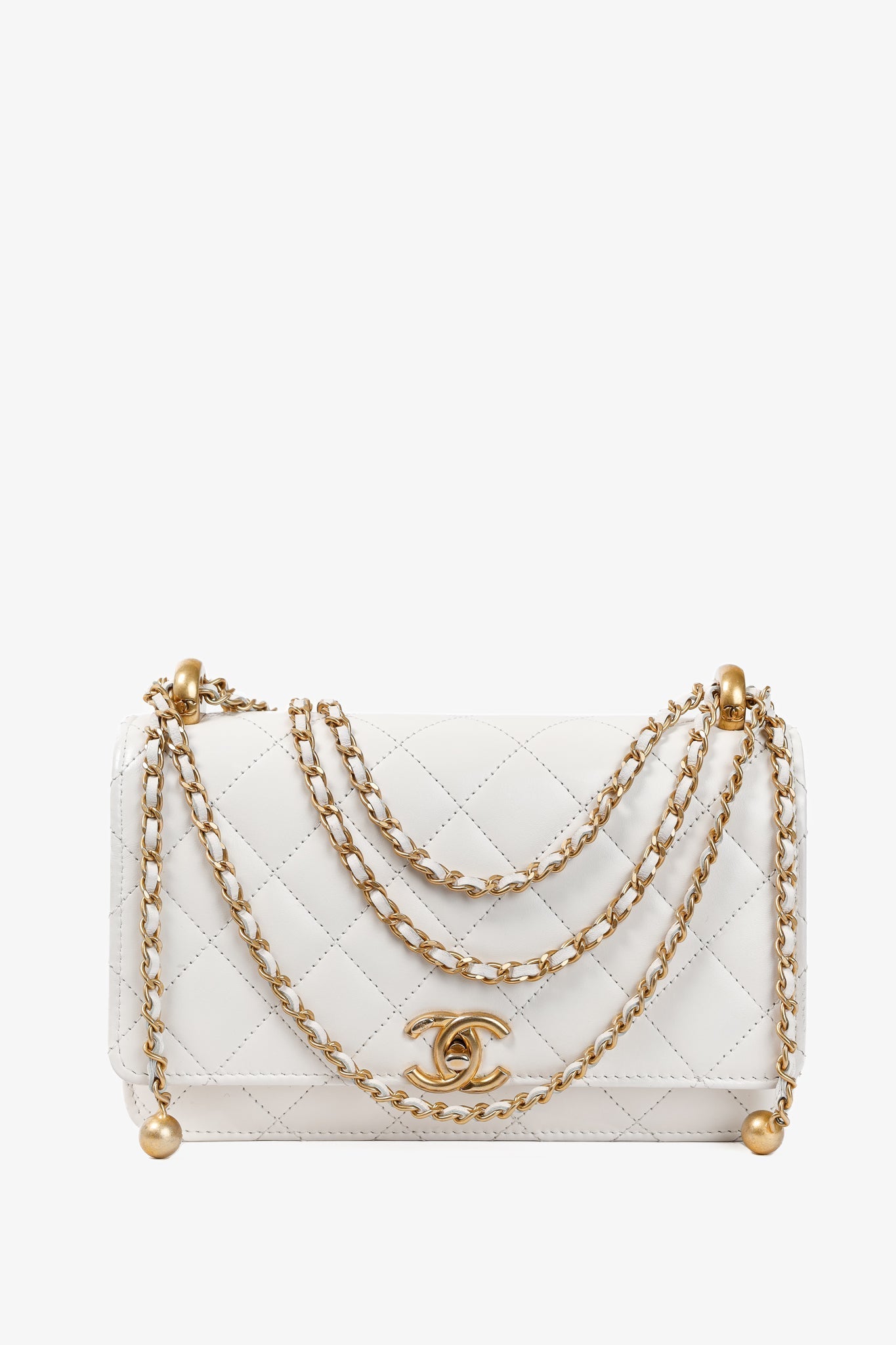 Chanel Pearl Crush White Quilted Lambskin Leather Wallet on Chain Handbag