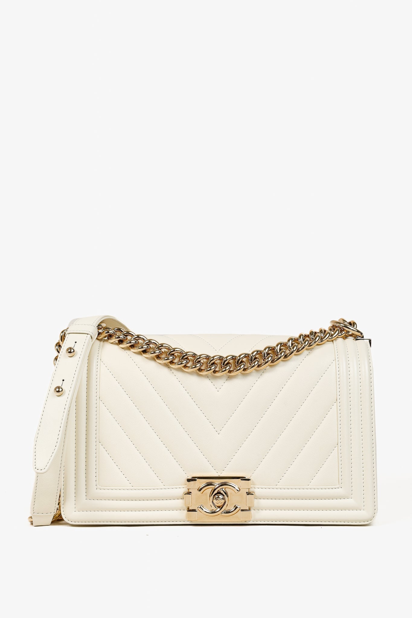 Chanel Quiltedwhiteleather Boybag Handbag Goldtonehardware 1OF13
