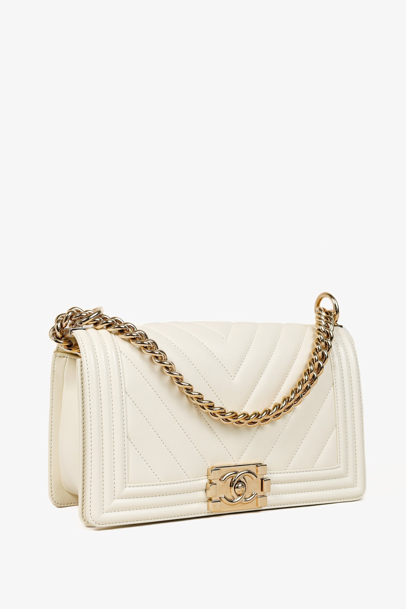 Chanel Quiltedwhiteleather Boybag Handbag Goldtonehardware 1OF13