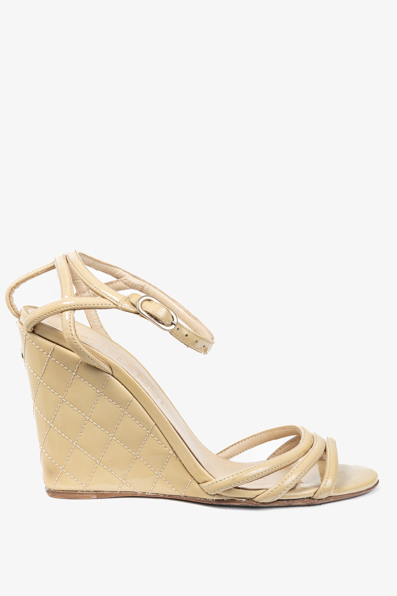 Chanel Beige Patent Leather Quilted Wedge Sandals for Women