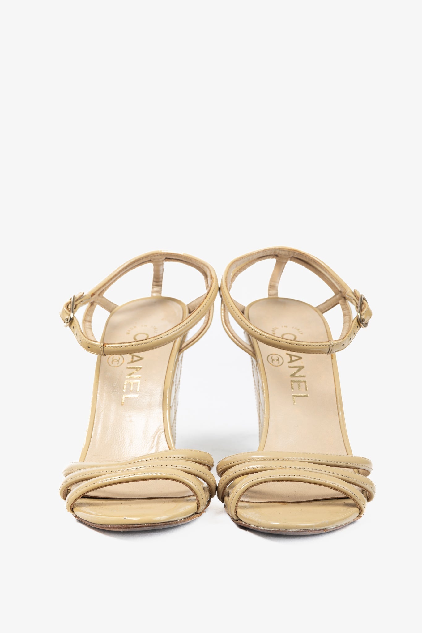 Chanel Beige Patent Leather Quilted Wedge Sandals for Women