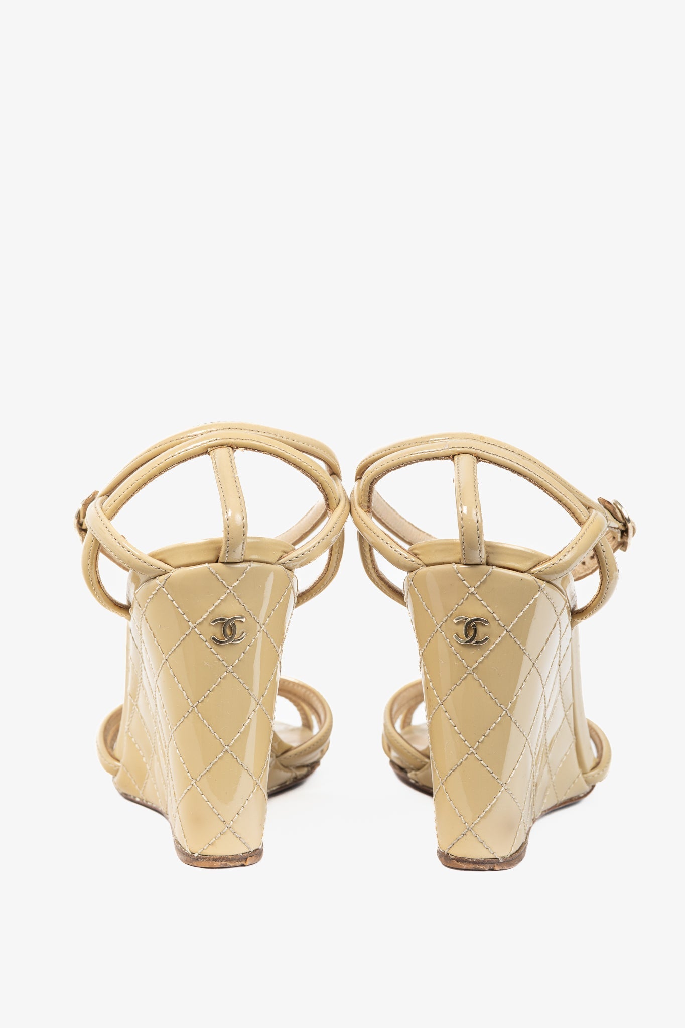 Chanel Beige Patent Leather Quilted Wedge Sandals for Women
