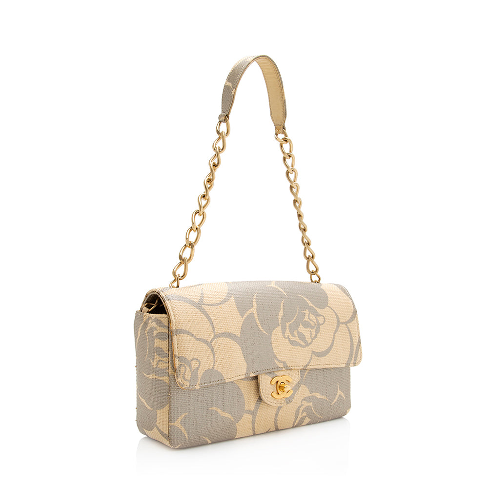 Chanel Raffia Camellia Single Flap SHF Shoulder Bag